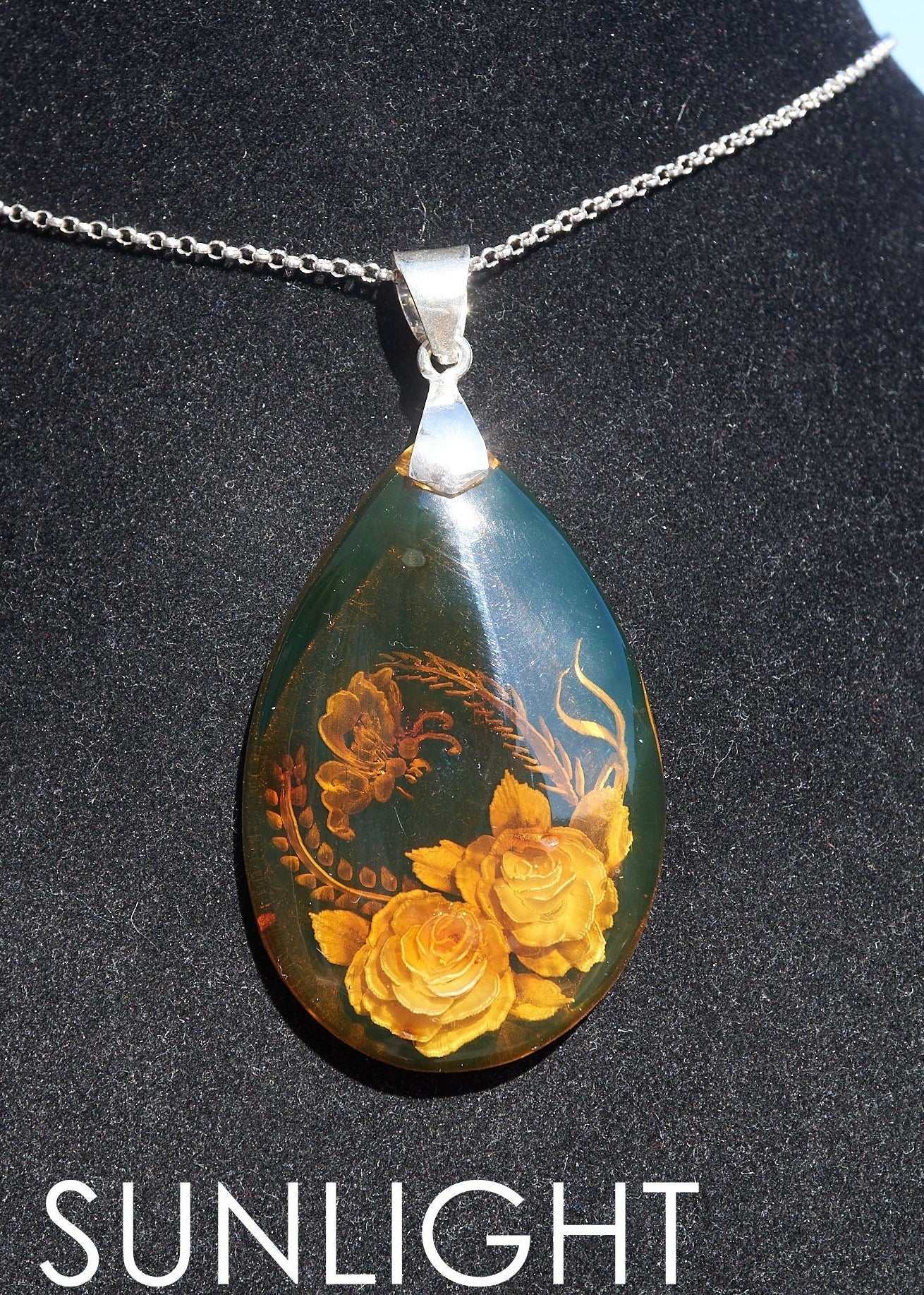 Authentic Dominican Green Amber Flower Pendant | 13.8 g Carving - Larimar Creations