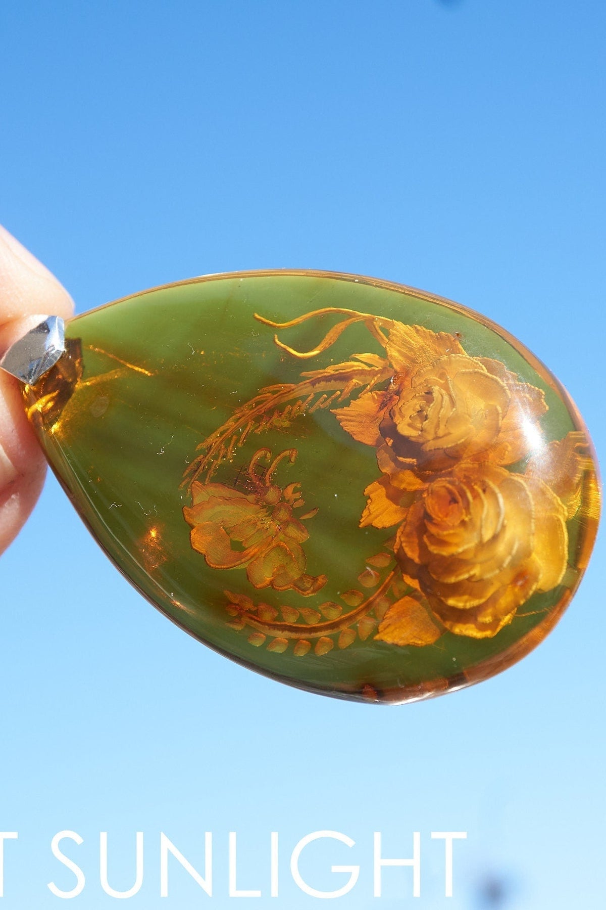 Authentic Dominican Green Amber Flower Pendant | 13.8 g Carving - Larimar Creations