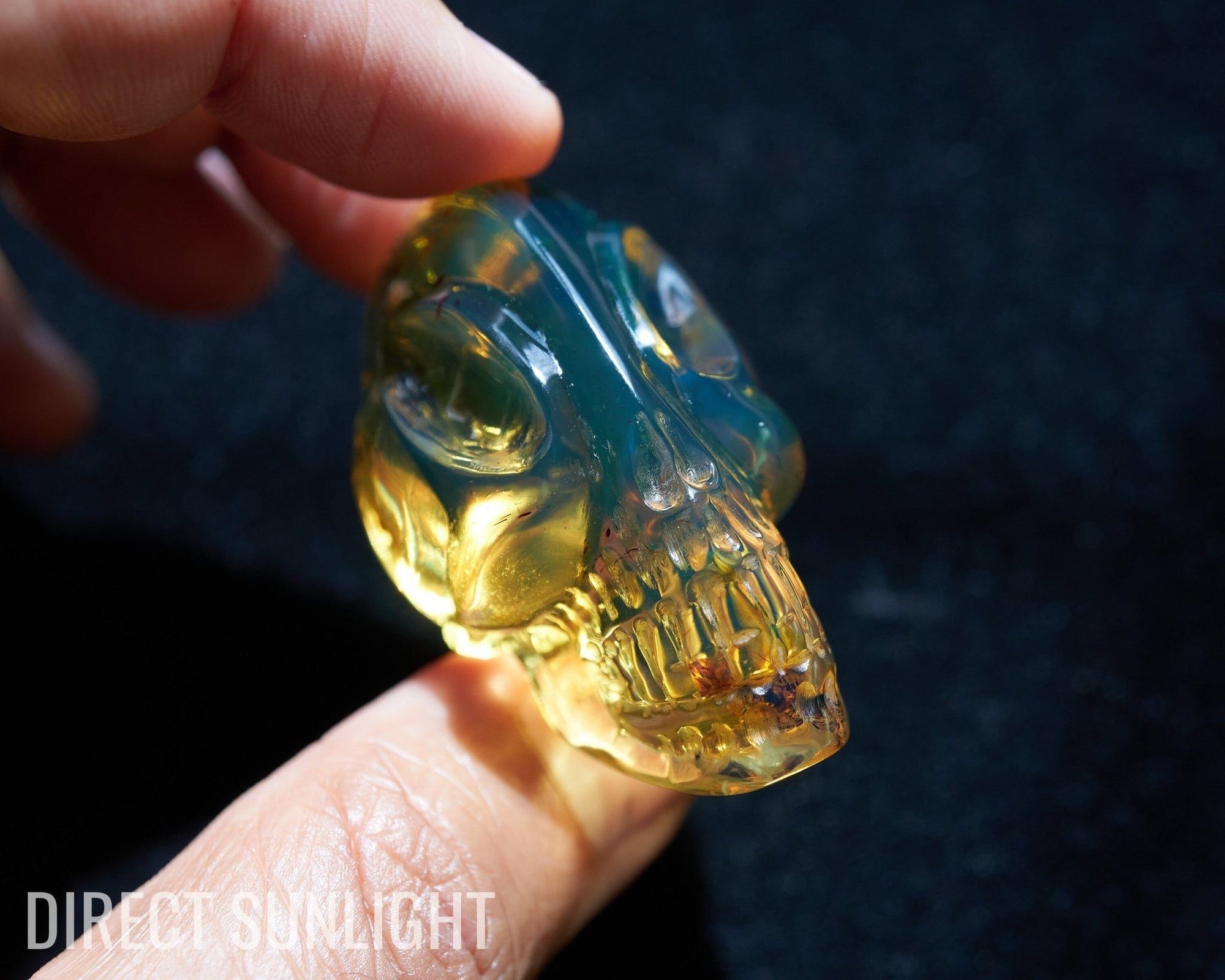 Authentic Green - Blue Dominican Amber Alien Skull | Hand - Carved Collectible - Larimar Creations