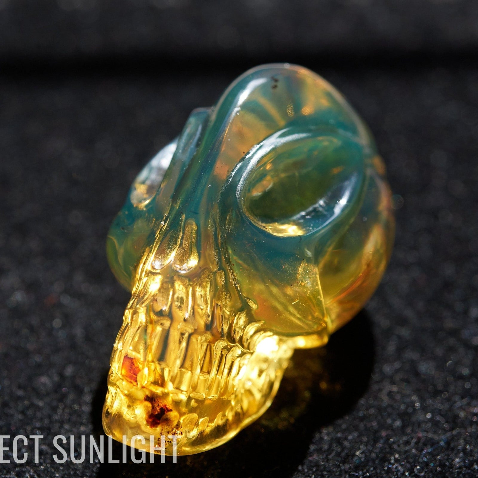 Authentic Green - Blue Dominican Amber Alien Skull | Hand - Carved Collectible - Larimar Creations