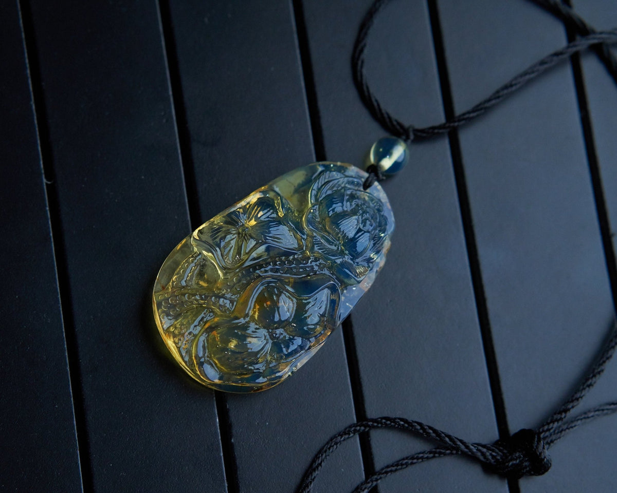 Blue Amber Dominican Carving Lotus Flowers Pendant - Larimar Creations