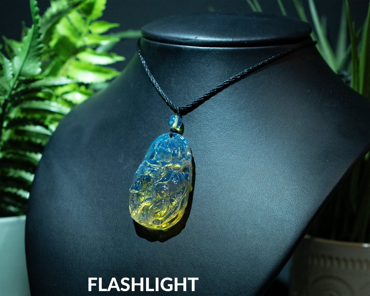 Blue Amber Dominican Carving Lotus Flowers Pendant - Larimar Creations