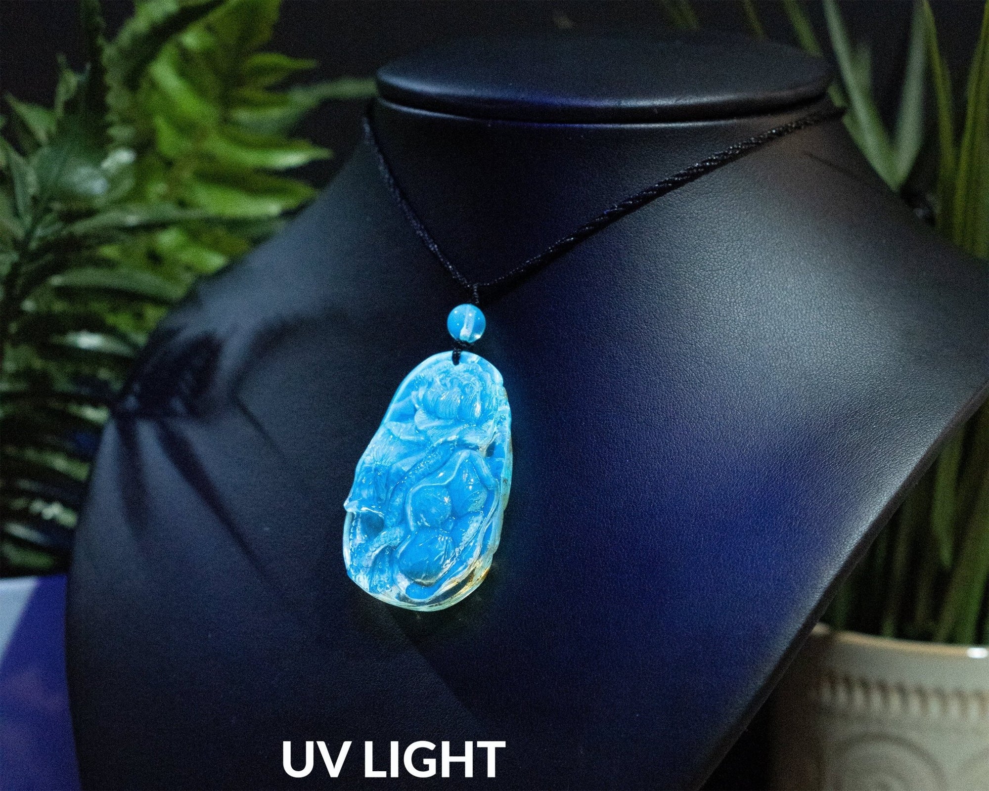 Blue Amber Dominican Carving Lotus Flowers Pendant - Larimar Creations