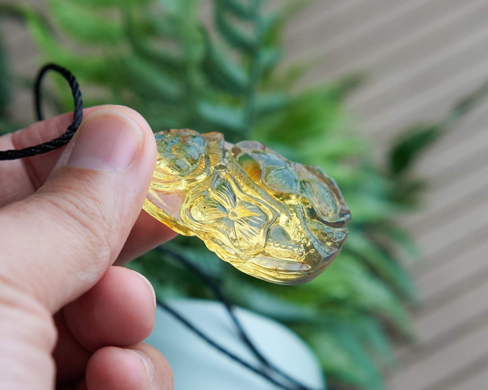 Blue Amber Dominican Carving Lotus Flowers Pendant - Larimar Creations