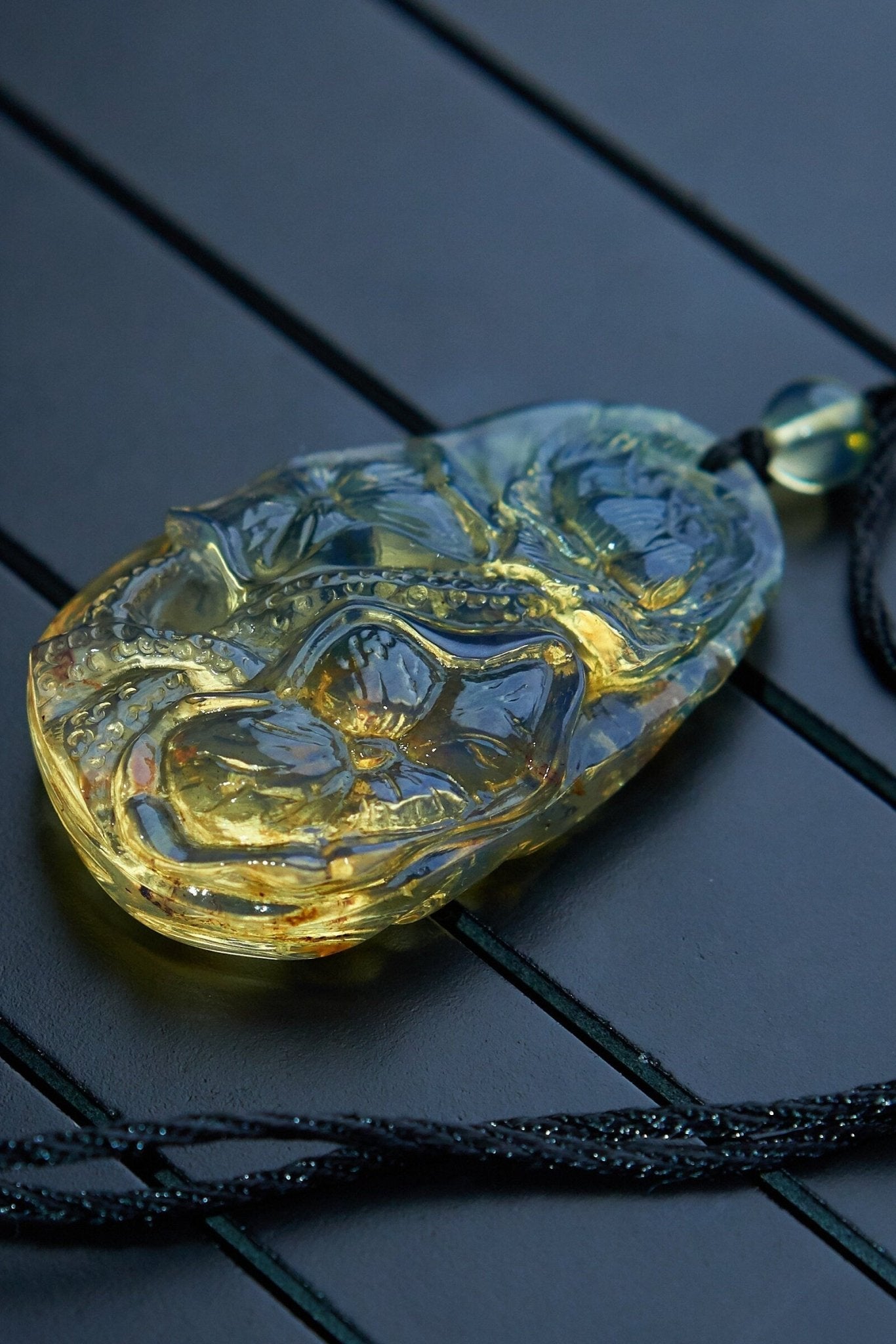 Blue Amber Dominican Carving Lotus Flowers Pendant - Larimar Creations