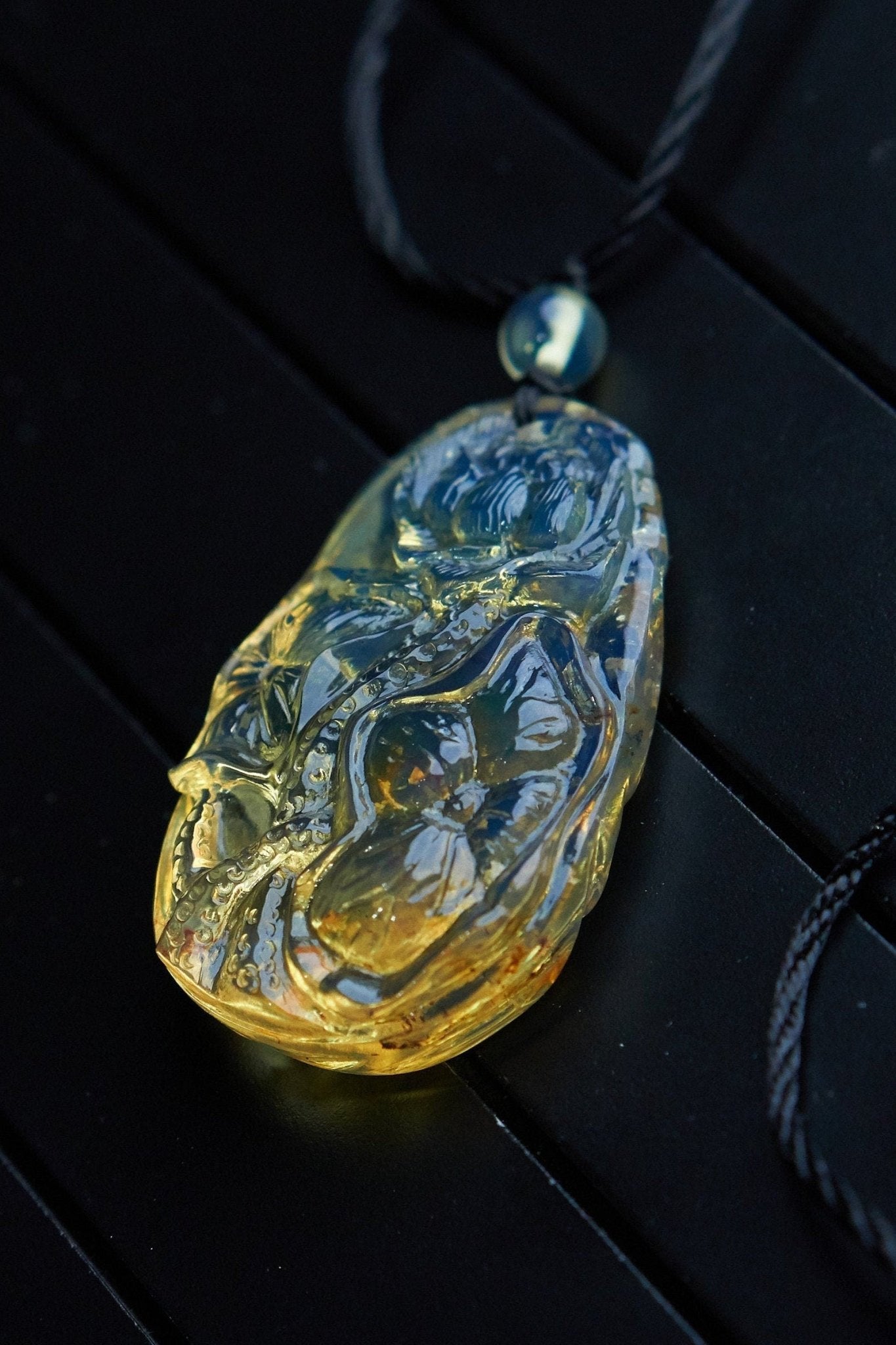 Blue Amber Dominican Carving Lotus Flowers Pendant - Larimar Creations