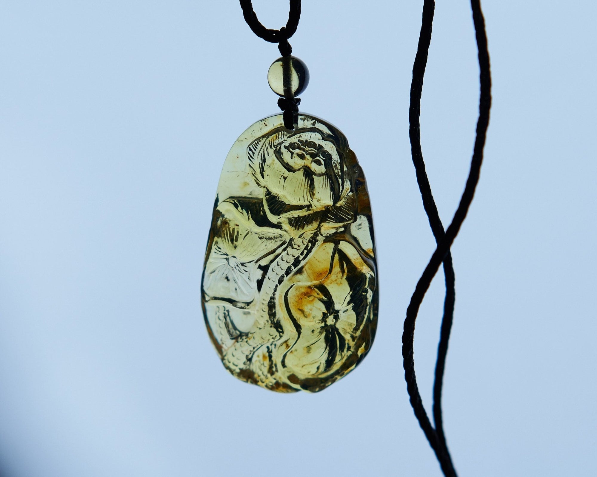 Blue Amber Dominican Carving Lotus Flowers Pendant - Larimar Creations