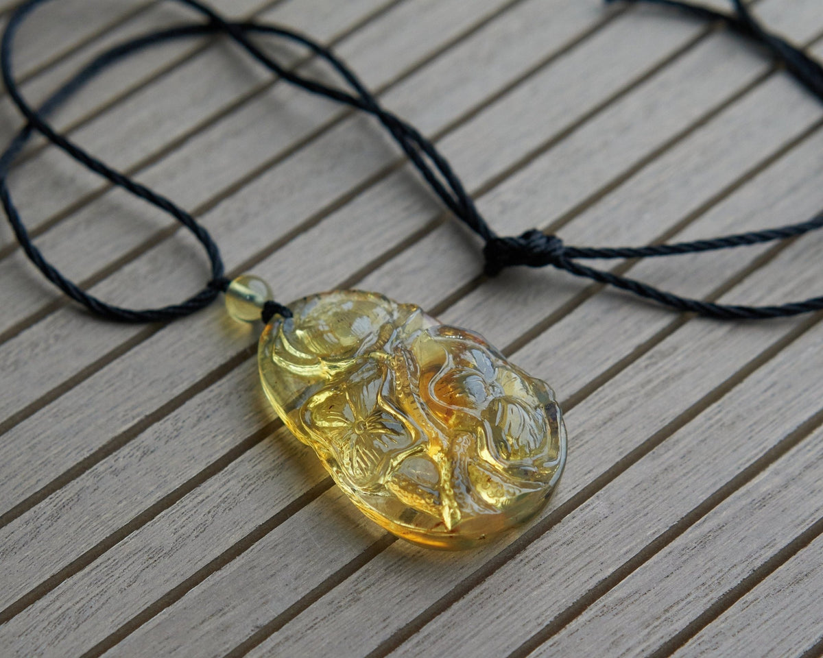 Blue Amber Dominican Carving Lotus Flowers Pendant - Larimar Creations