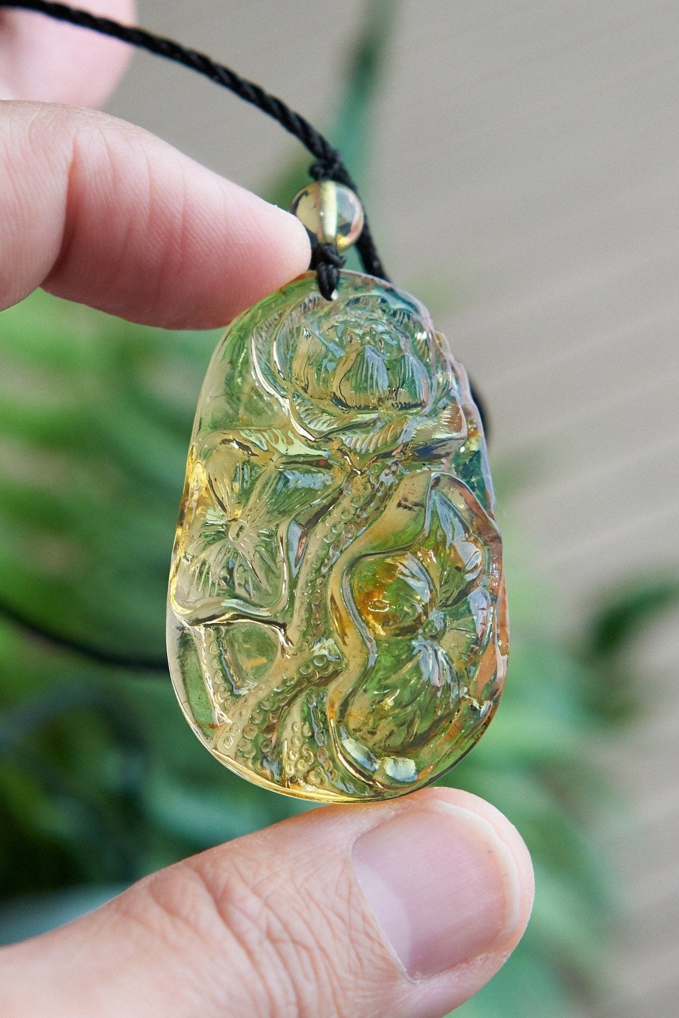 Blue Amber Dominican Carving Lotus Flowers Pendant - Larimar Creations