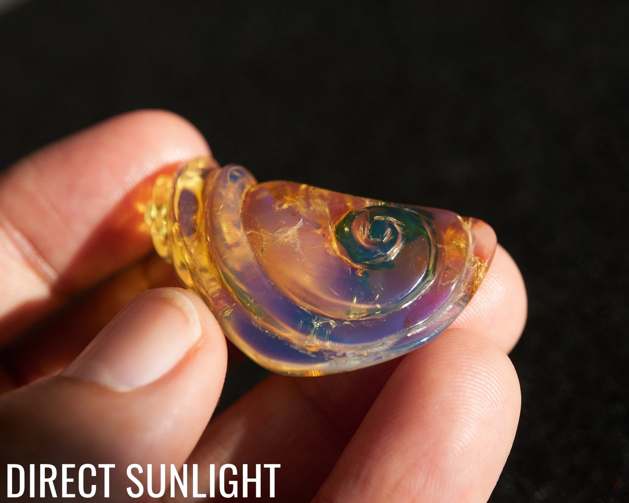 Blue Amber Dominican Pendant Necklace snail shape carving - Larimar Creations