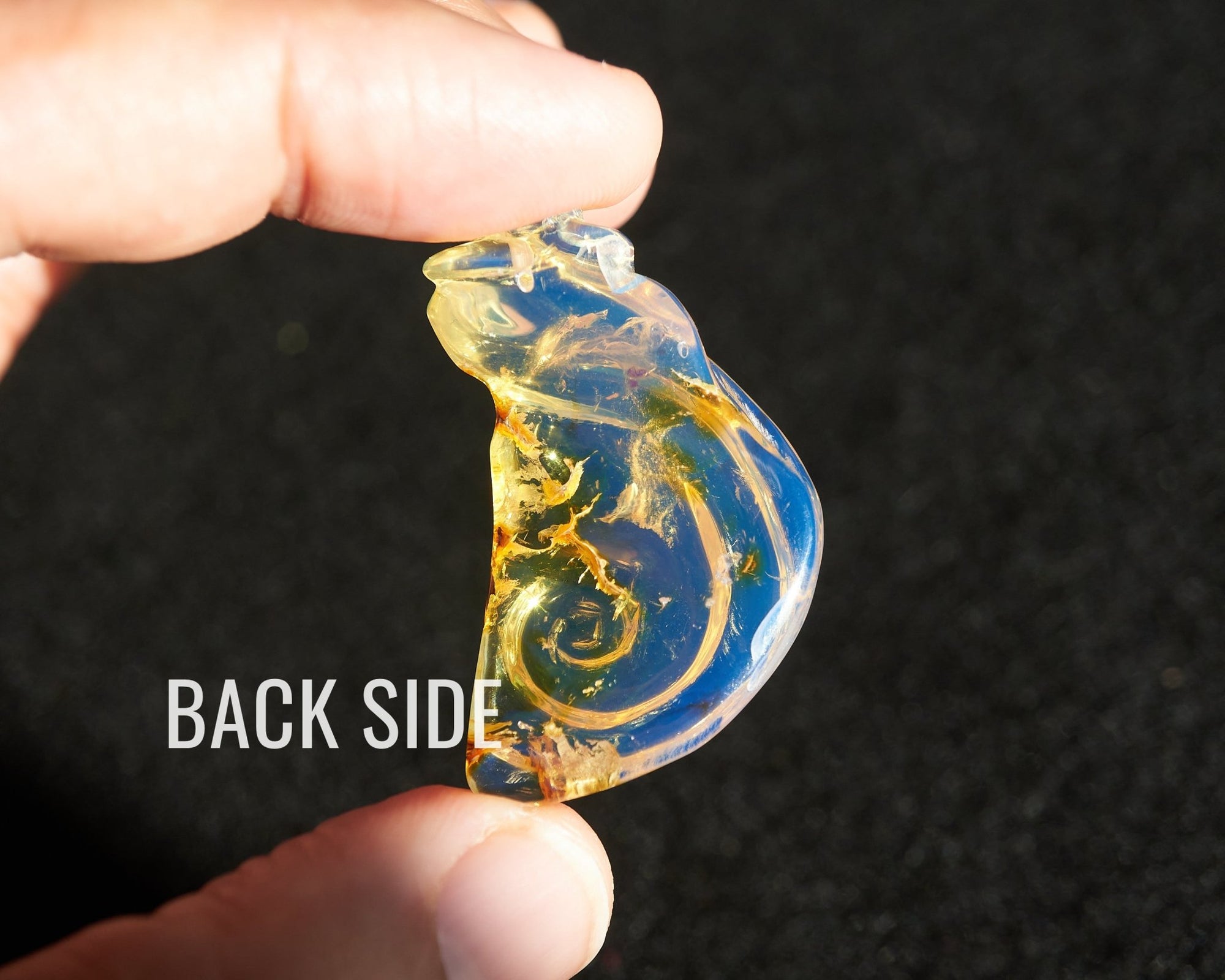 Blue Amber Dominican Pendant Necklace snail shape carving - Larimar Creations