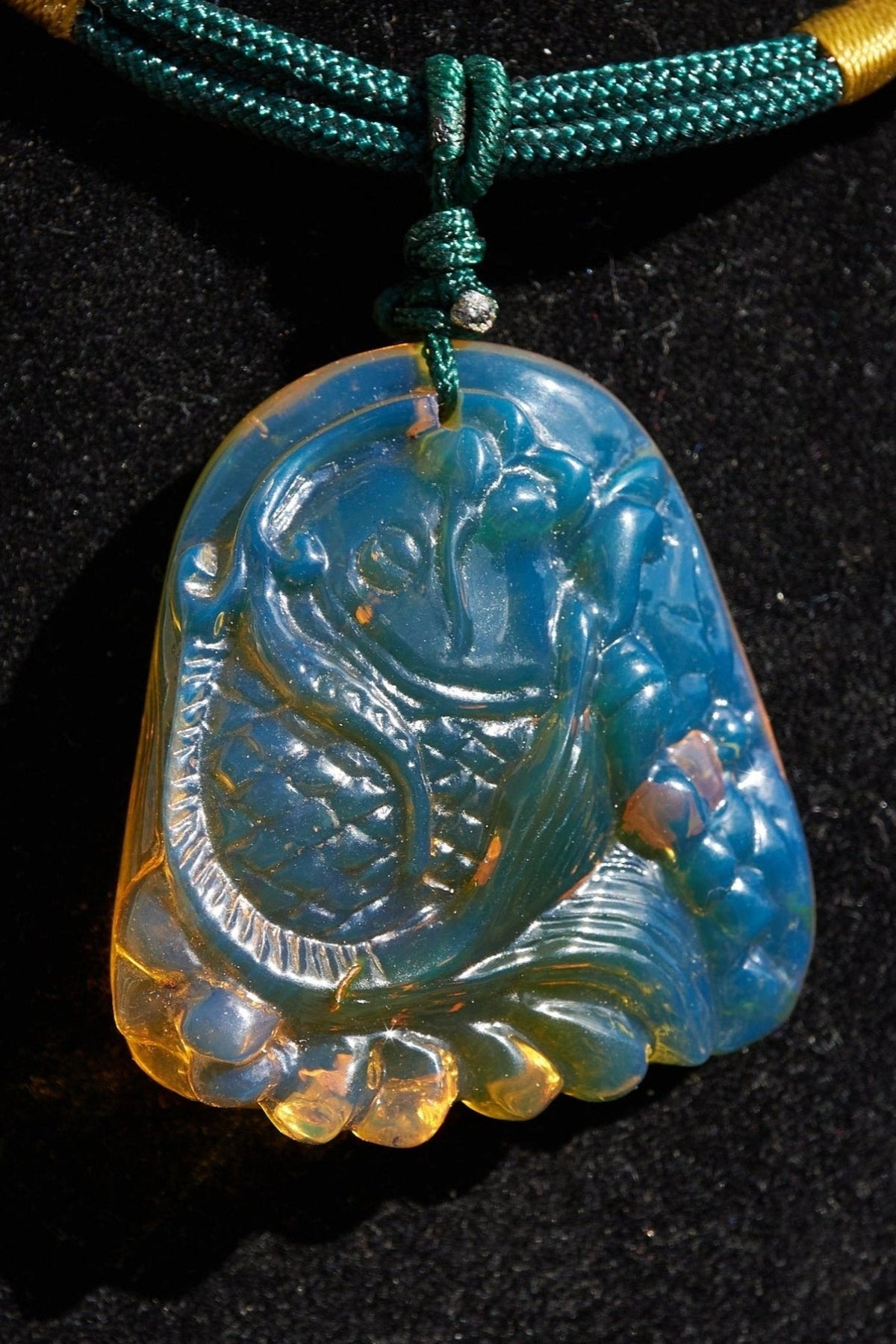 Blue Amber Koi Fish Necklace – Hand - Carved Dominican Amber Pendant - Larimar Creations