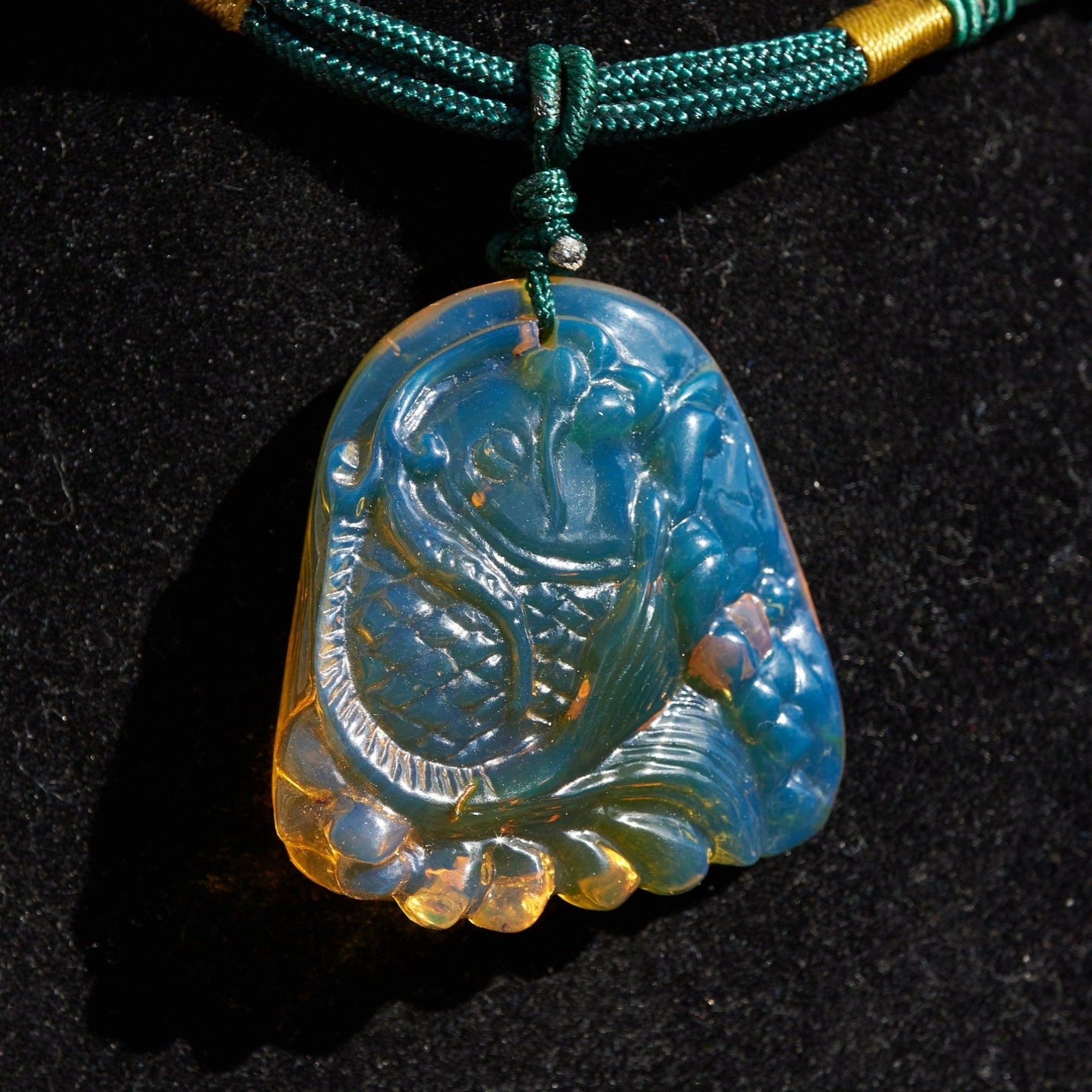 Blue Amber Koi Fish Necklace – Hand - Carved Dominican Amber Pendant - Larimar Creations