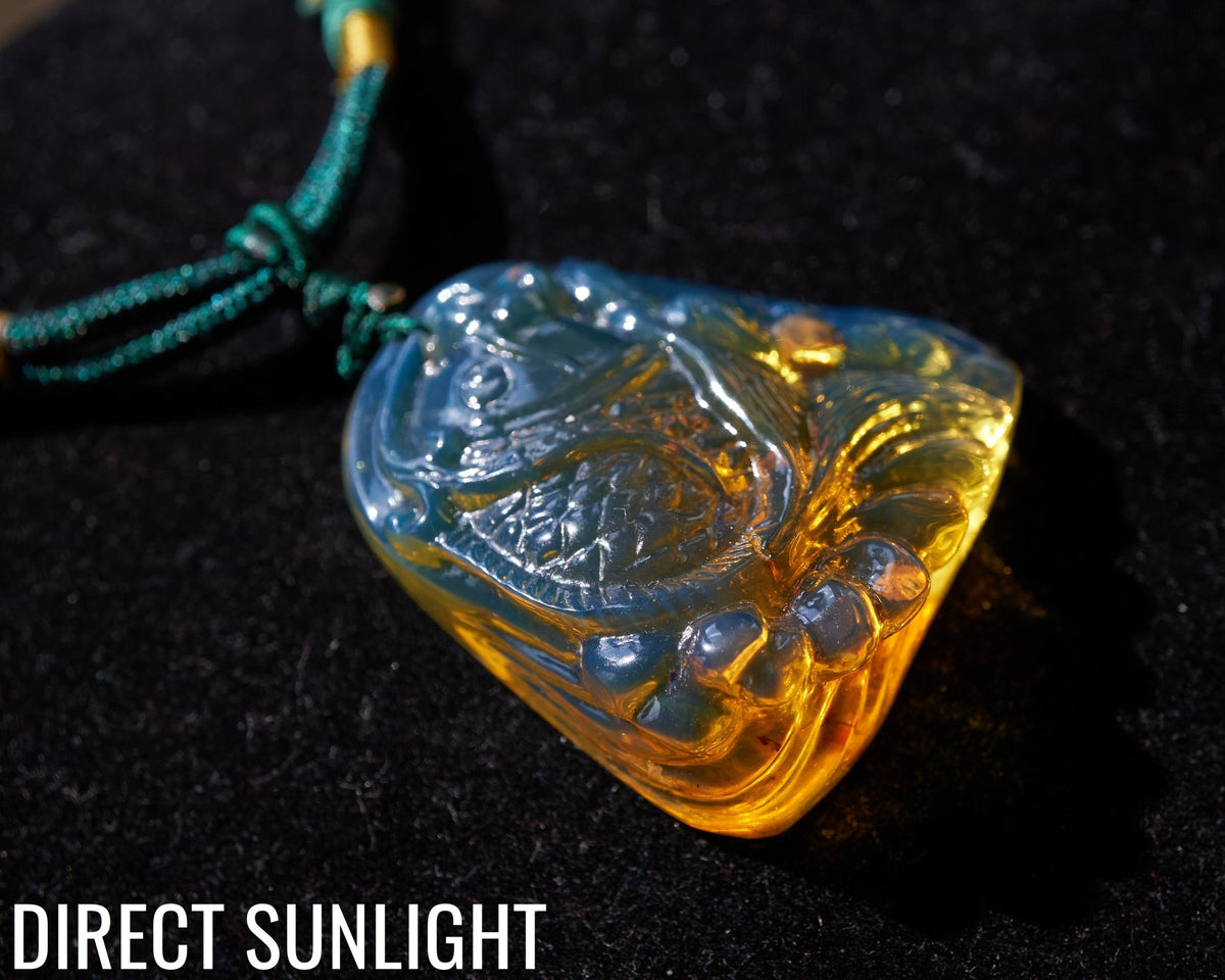 Blue Amber Koi Fish Necklace – Hand - Carved Dominican Amber Pendant - Larimar Creations