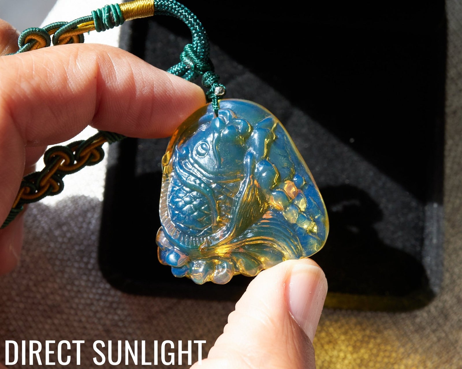 Blue Amber Koi Fish Necklace – Hand - Carved Dominican Amber Pendant - Larimar Creations