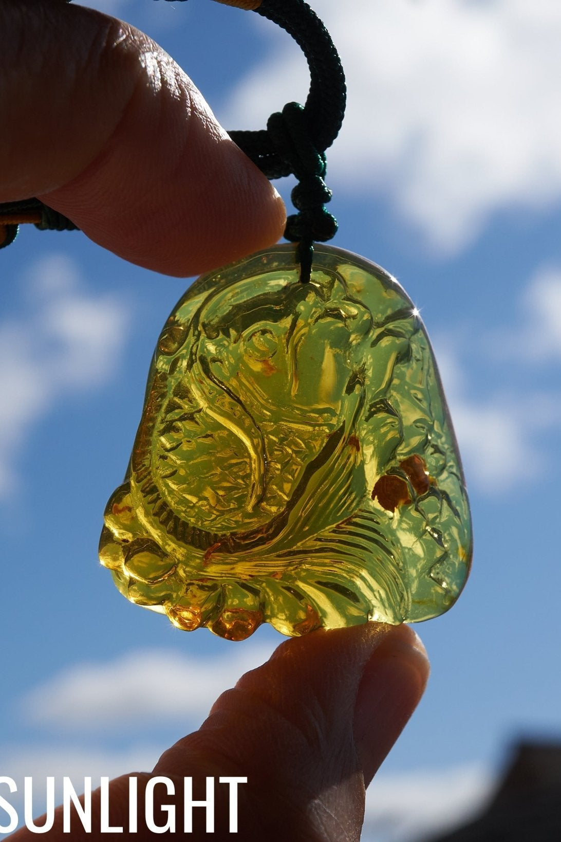 Blue Amber Koi Fish Necklace – Hand - Carved Dominican Amber Pendant - Larimar Creations