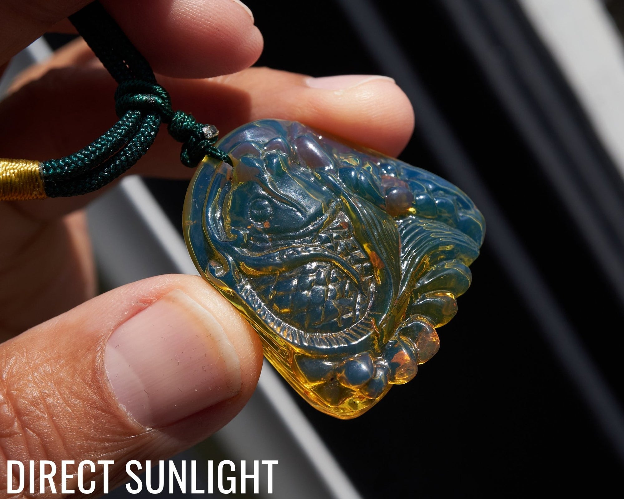 Blue Amber Koi Fish Necklace – Hand - Carved Dominican Amber Pendant - Larimar Creations