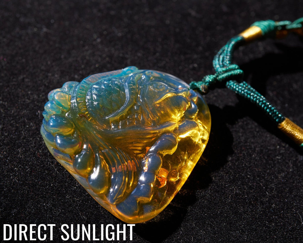 Blue Amber Koi Fish Necklace – Hand - Carved Dominican Amber Pendant - Larimar Creations