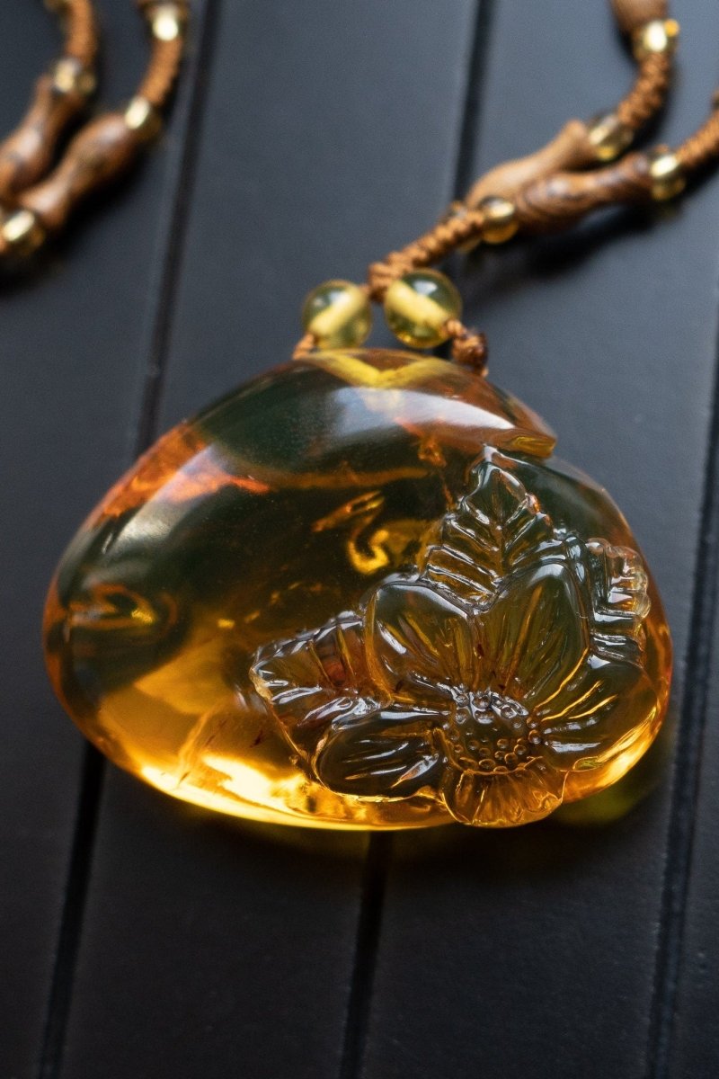 Blue Amber Necklace Carving Amber Flower - Larimar Creations