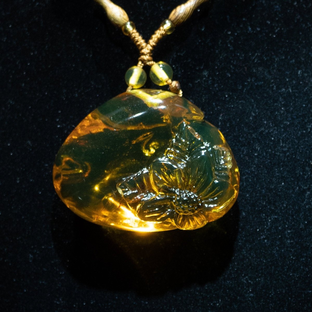 Blue Amber Necklace Carving Amber Flower - Larimar Creations