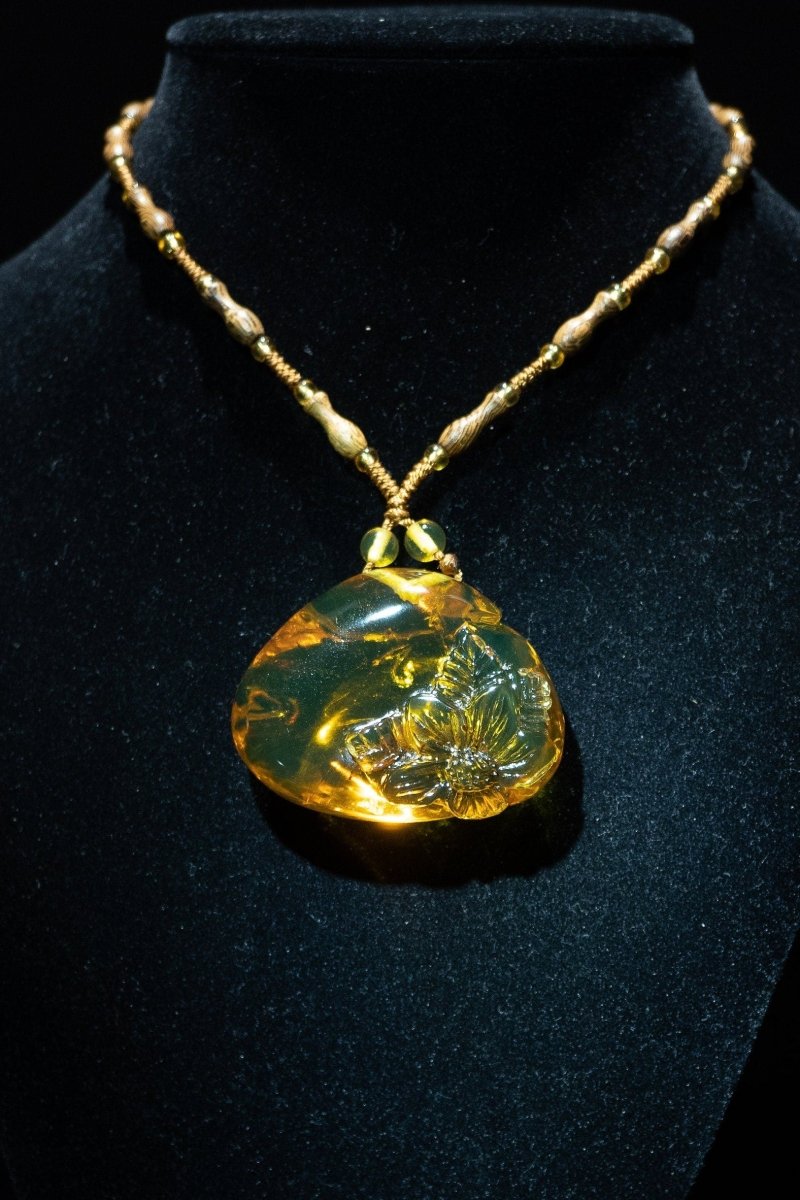 Blue Amber Necklace Carving Amber Flower - Larimar Creations