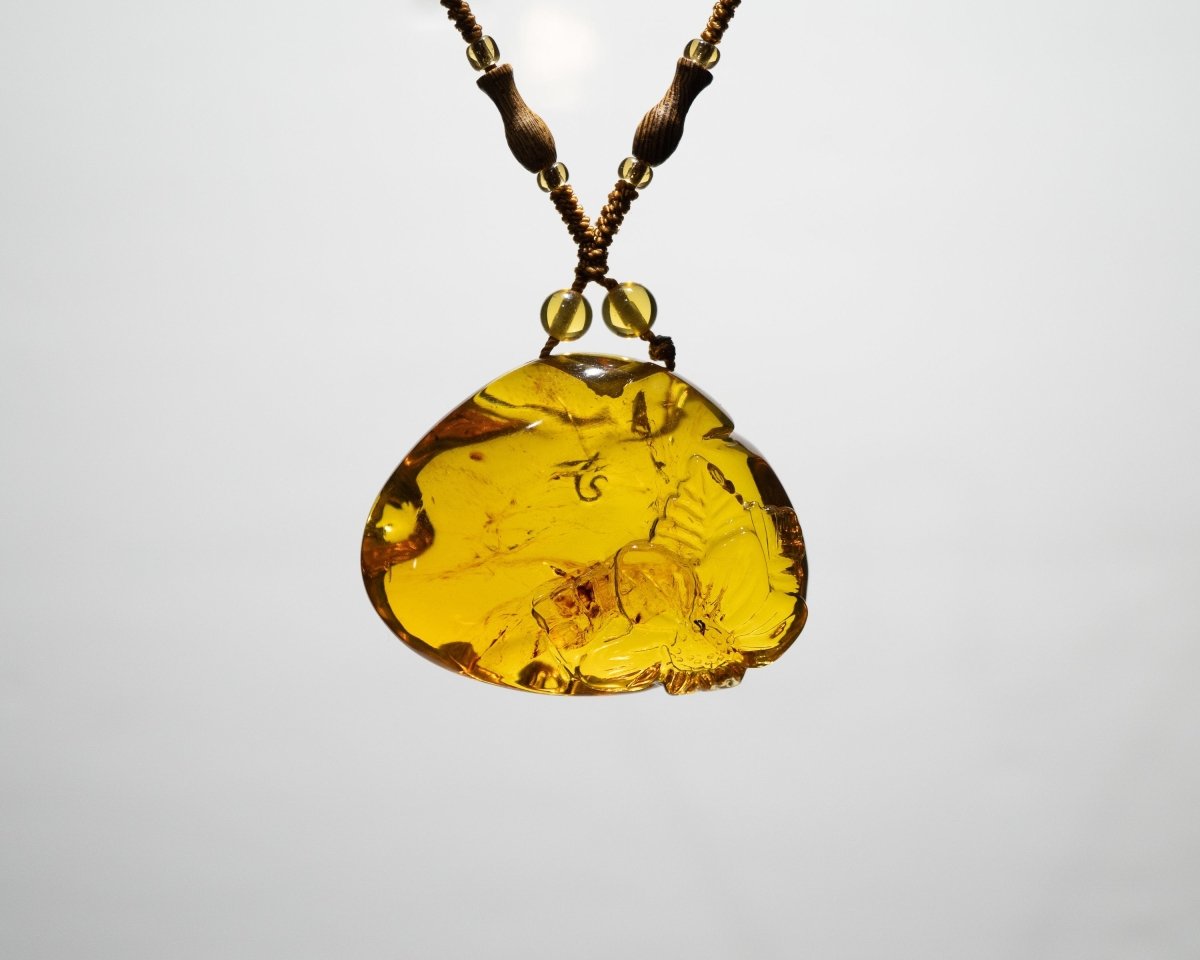 Blue Amber Necklace Carving Amber Flower - Larimar Creations