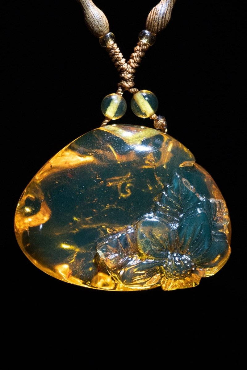 Blue Amber Necklace Carving Amber Flower - Larimar Creations