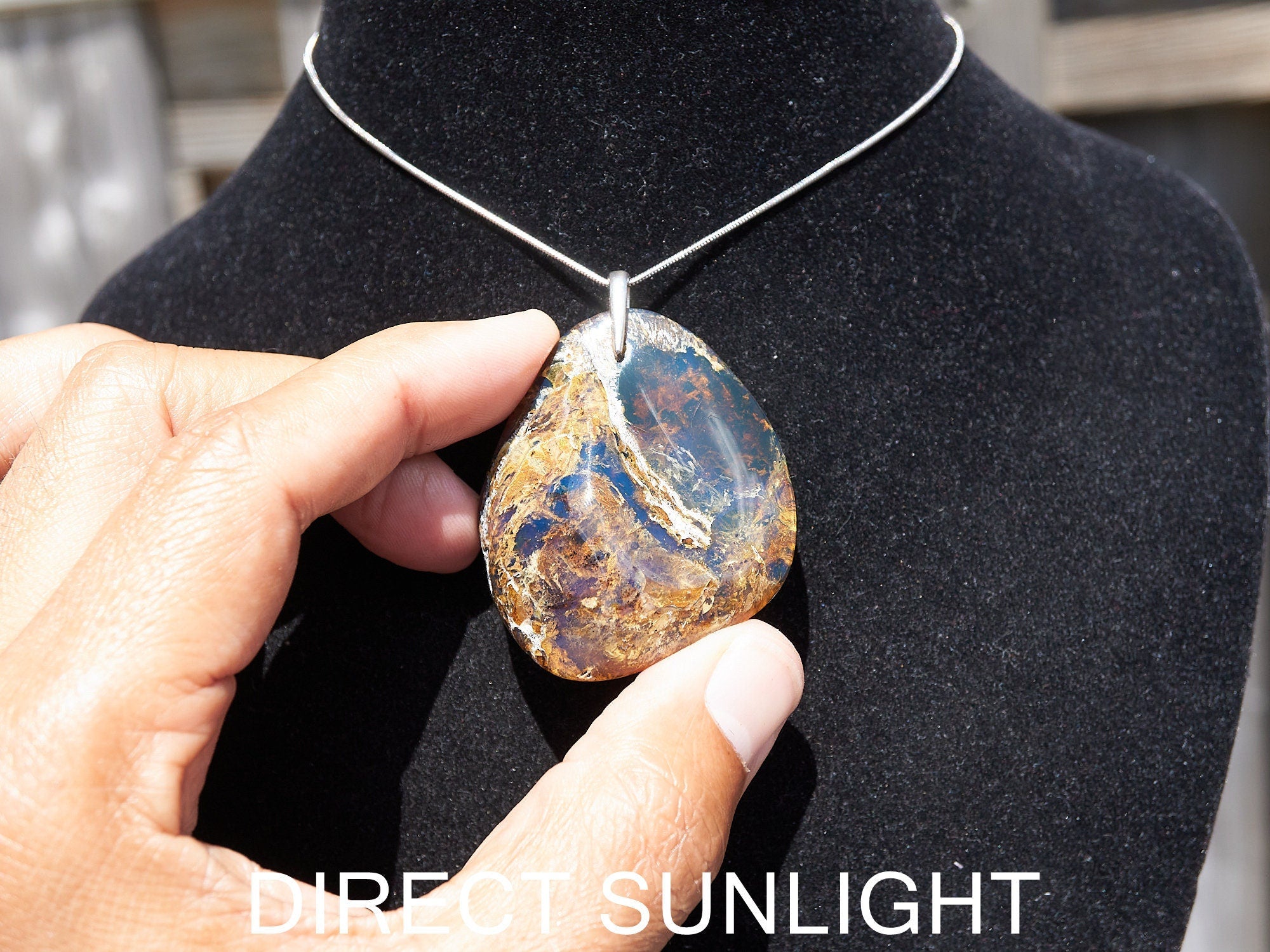 Blue Amber Pendant , big Oval shape Victorian style pendant height , Authentic Dominican Blue Amber Pendant - Larimar Creations