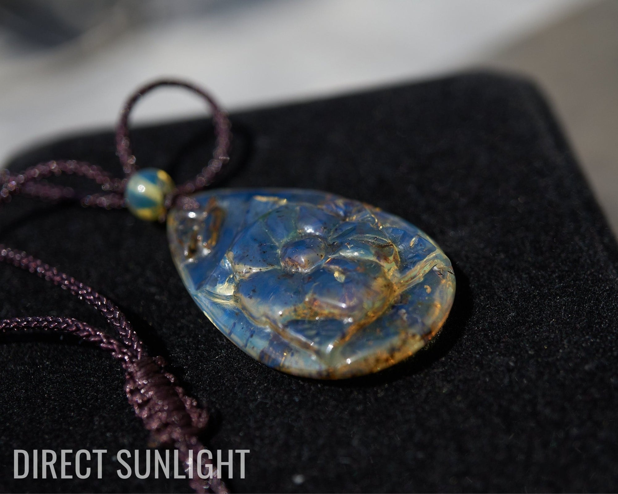 Blue Amber Pendant - Dominican Flower Cabochon Carved - Larimar Creations