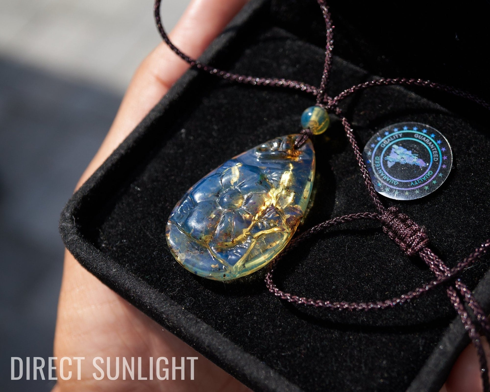 Blue Amber Pendant - Dominican Flower Cabochon Carved - Larimar Creations