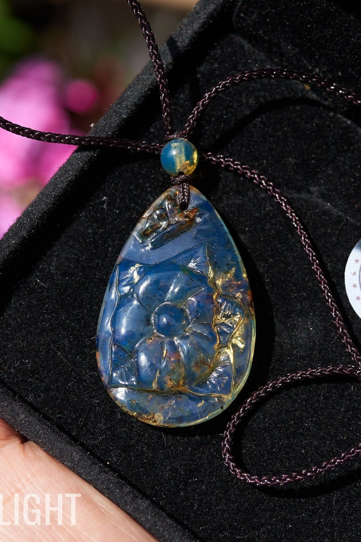 Blue Amber Pendant - Dominican Flower Cabochon Carved - Larimar Creations