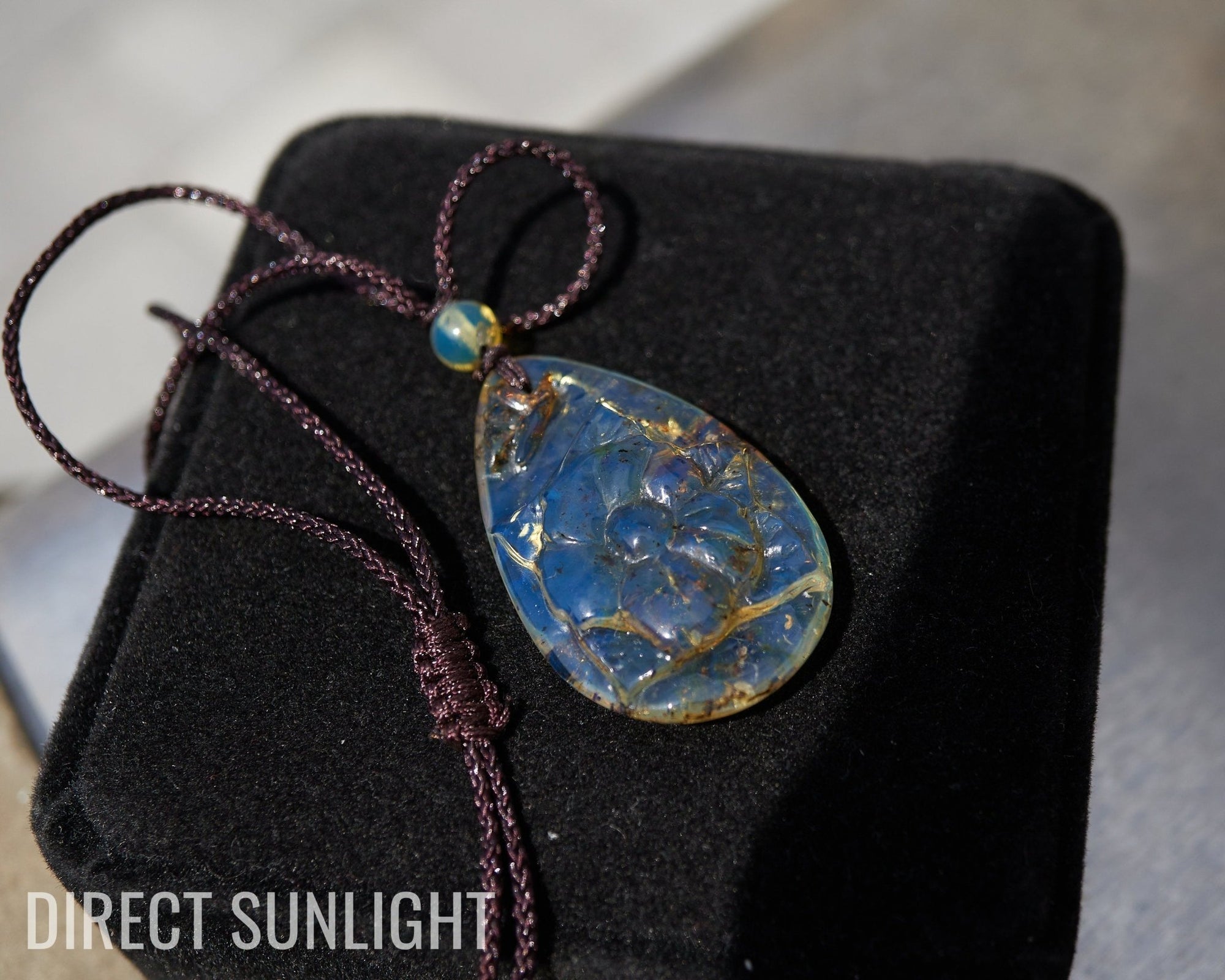 Blue Amber Pendant - Dominican Flower Cabochon Carved - Larimar Creations