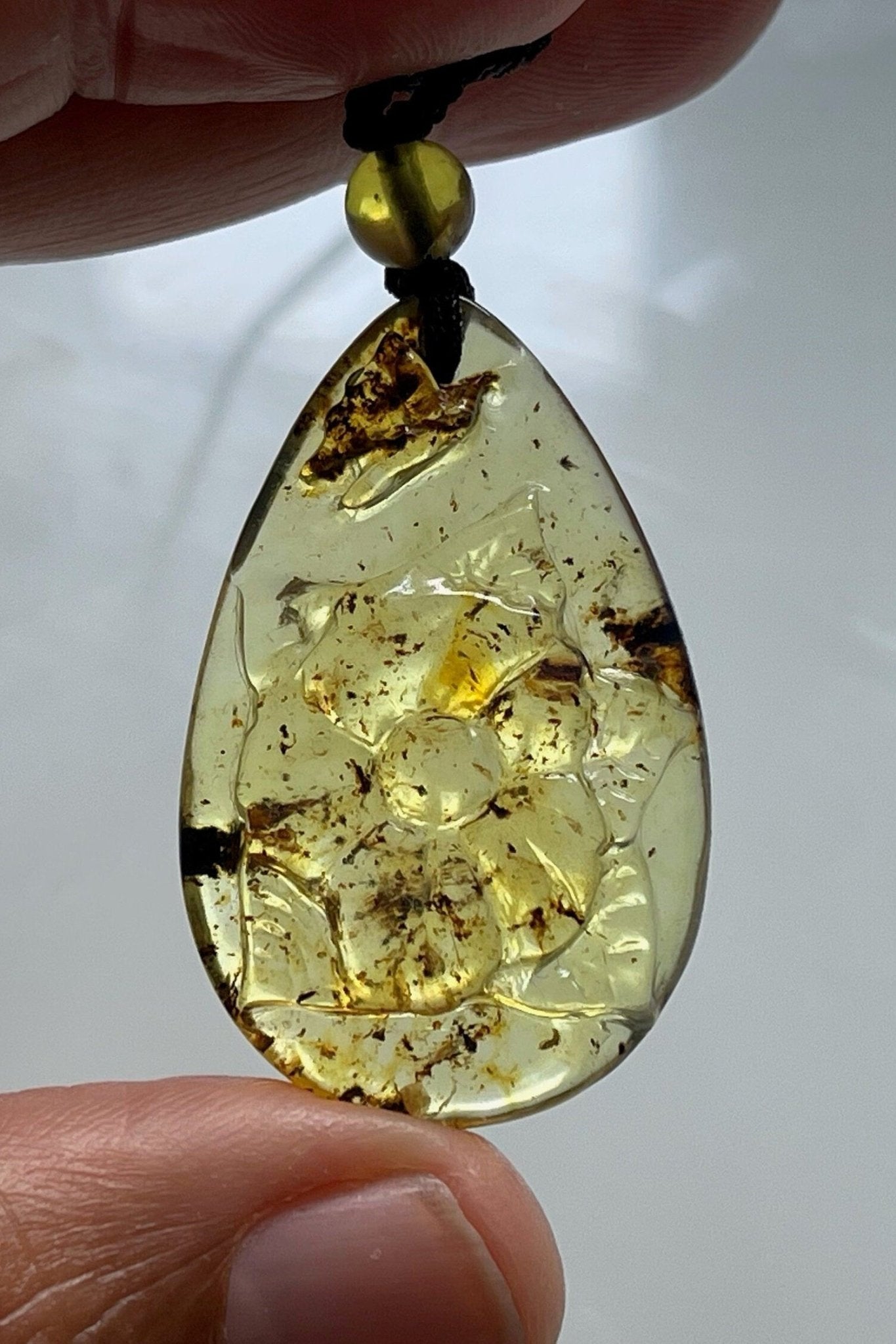 Blue Amber Pendant - Dominican Flower Cabochon Carved - Larimar Creations