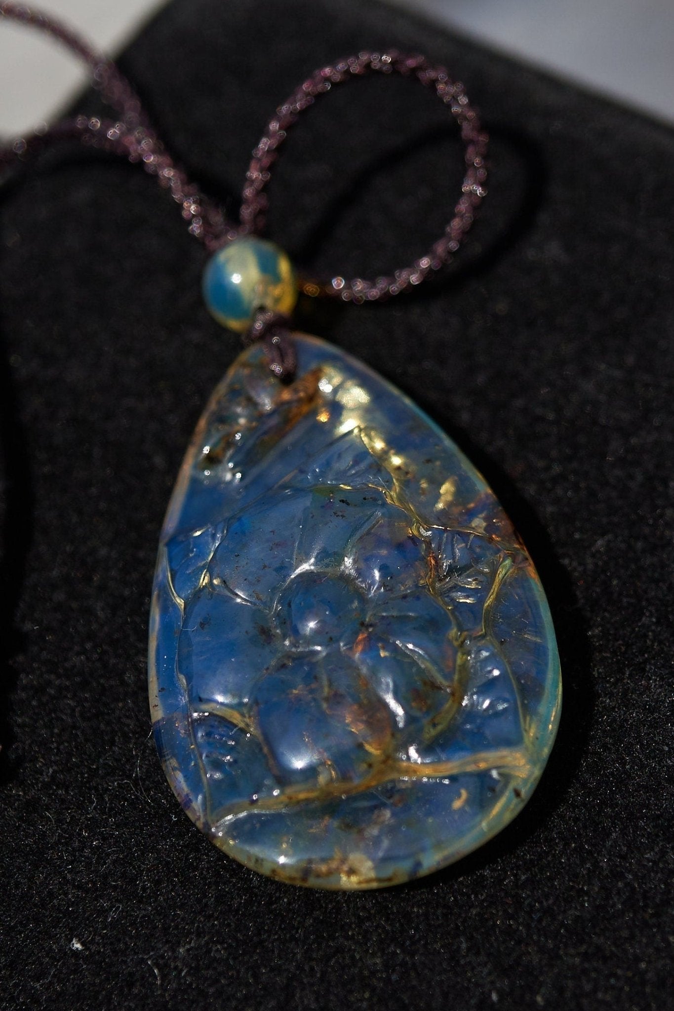 Blue Amber Pendant - Dominican Flower Cabochon Carved - Larimar Creations