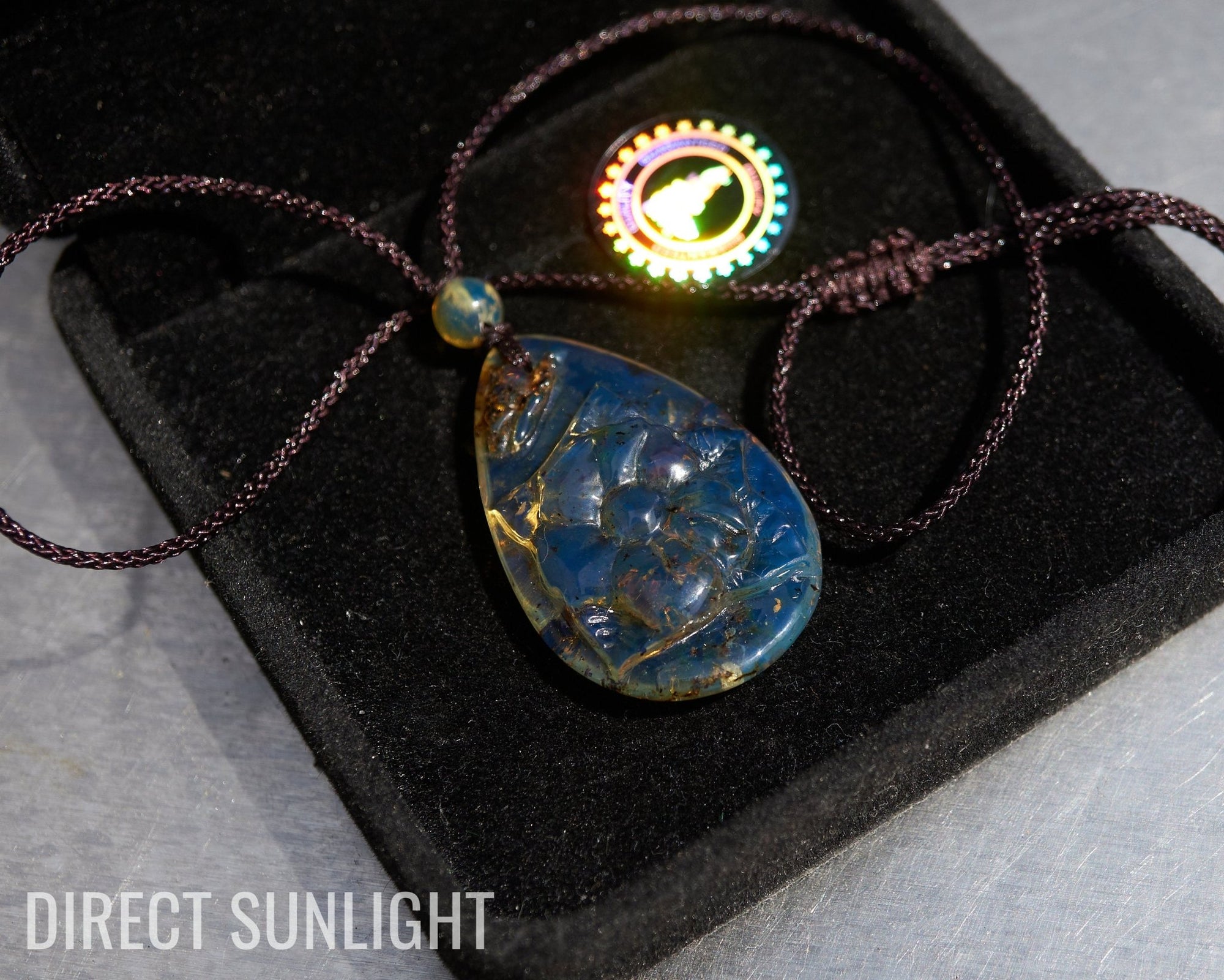 Blue Amber Pendant - Dominican Flower Cabochon Carved - Larimar Creations