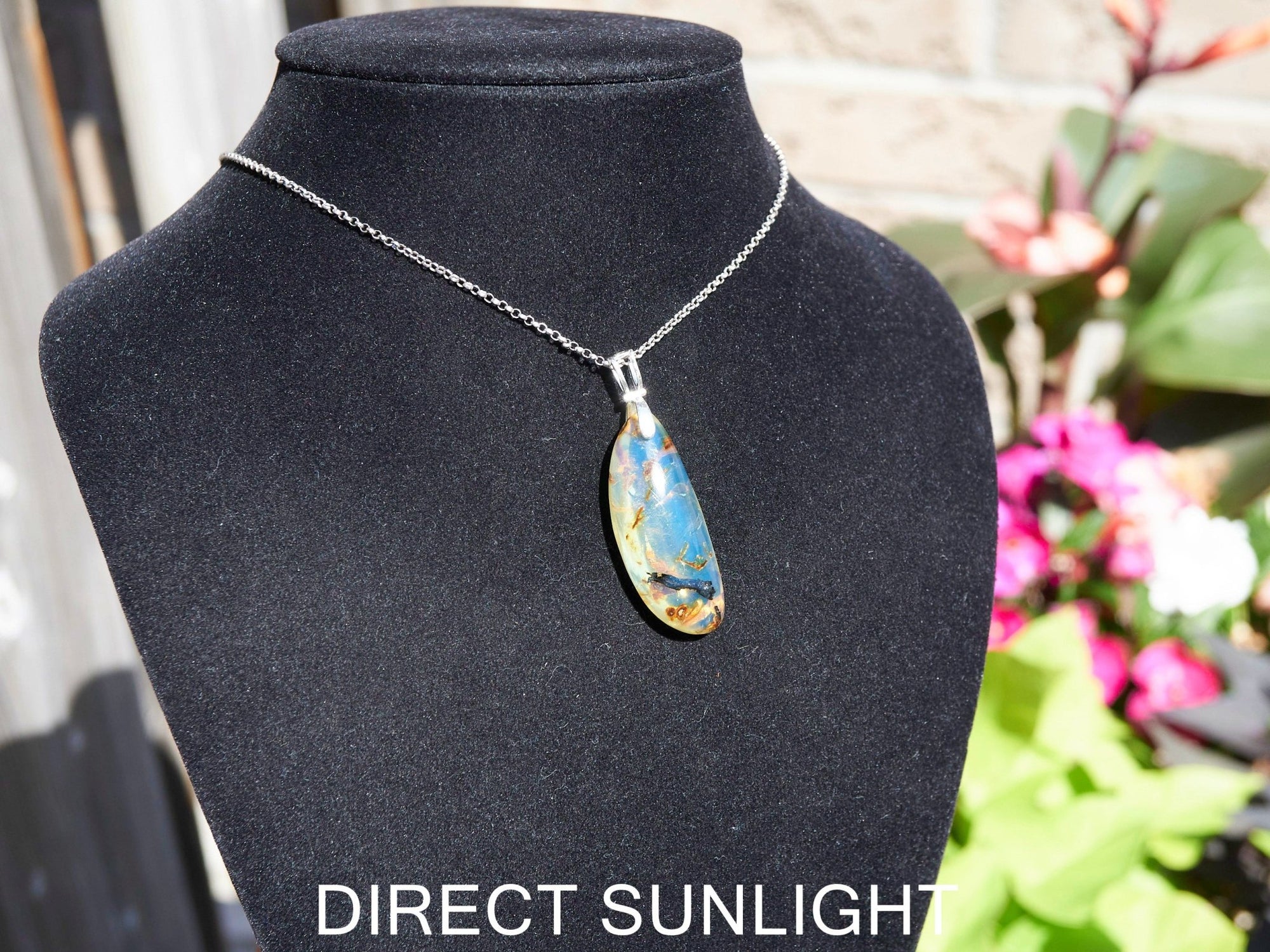 Blue Amber pendant Large Cabochon Amber, vegetable amber fossil - Larimar Creations