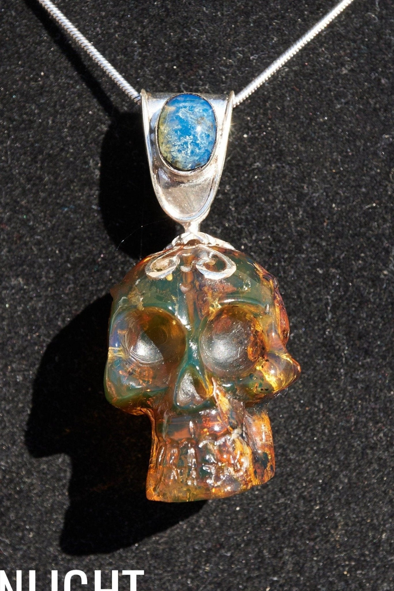 Blue & Green Dominican Amber Skull Pendant | 925 Silver - Larimar Creations