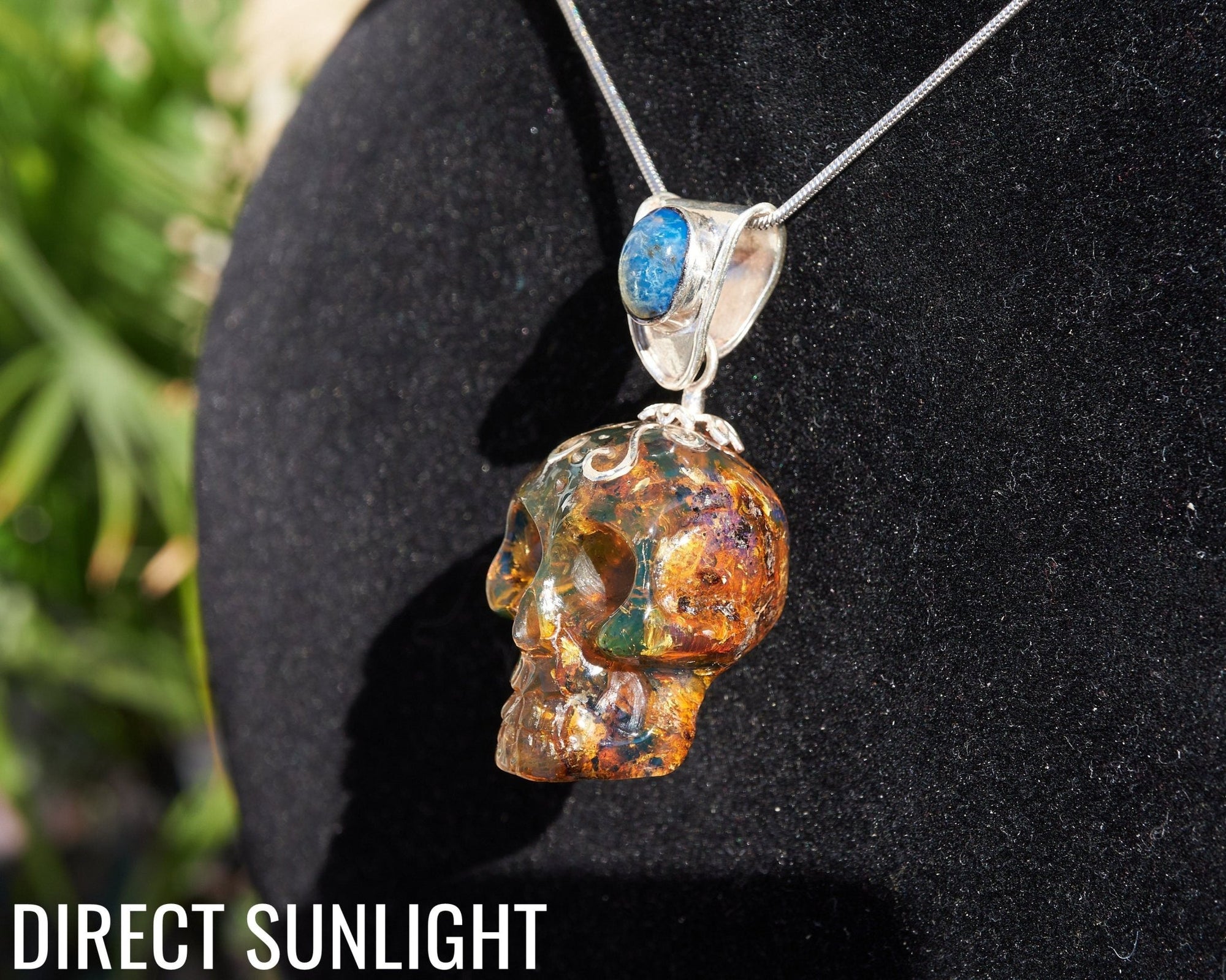 Blue &amp; Green Dominican Amber Skull Pendant | 925 Silver - Larimar Creations