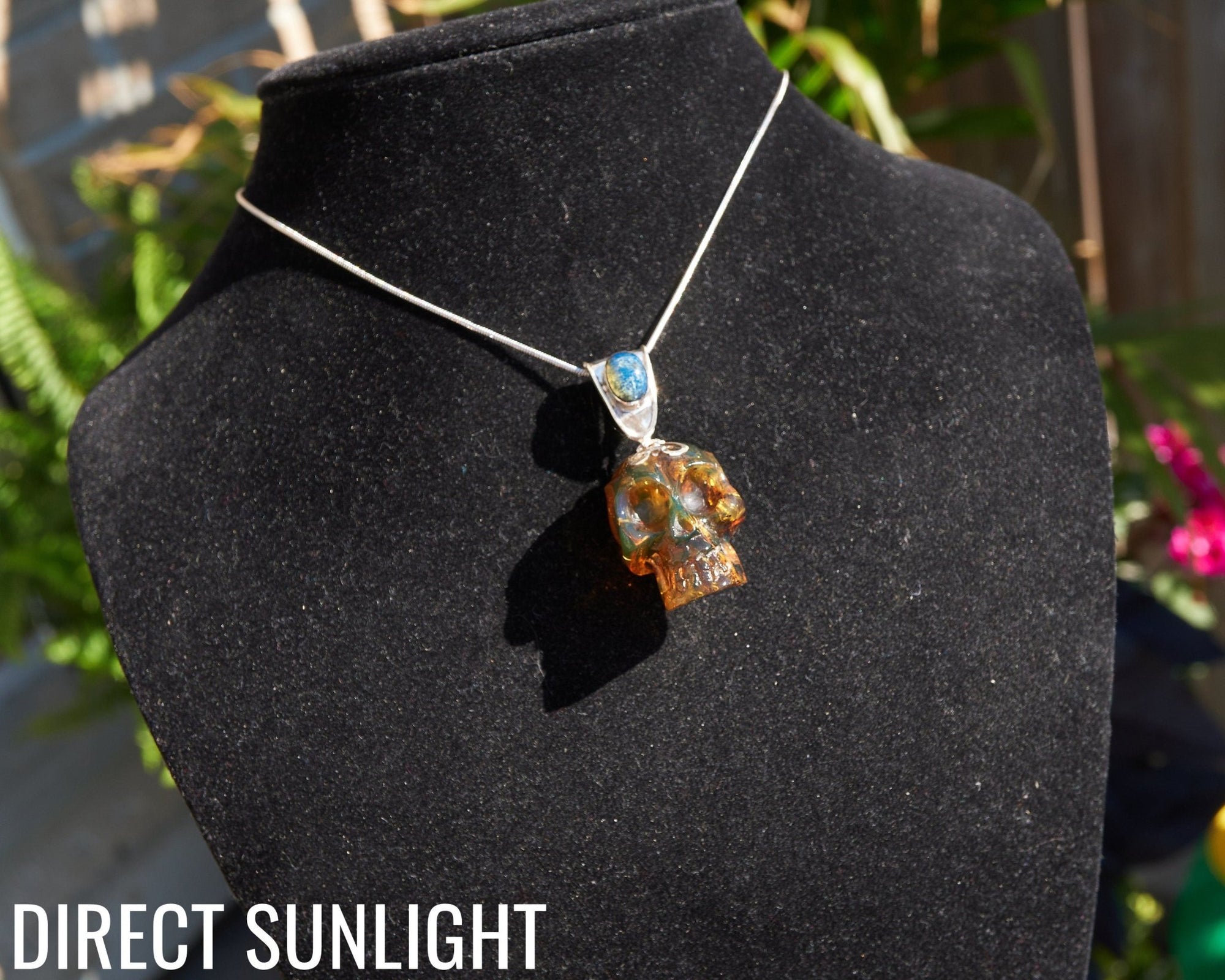 Blue &amp; Green Dominican Amber Skull Pendant | 925 Silver - Larimar Creations