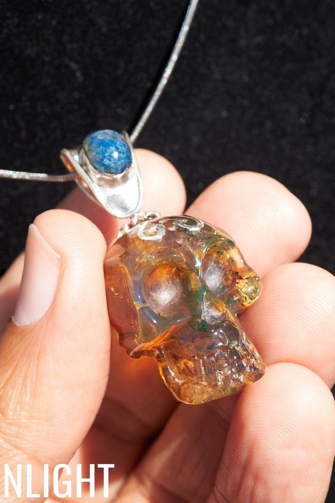 Blue & Green Dominican Amber Skull Pendant | 925 Silver - Larimar Creations