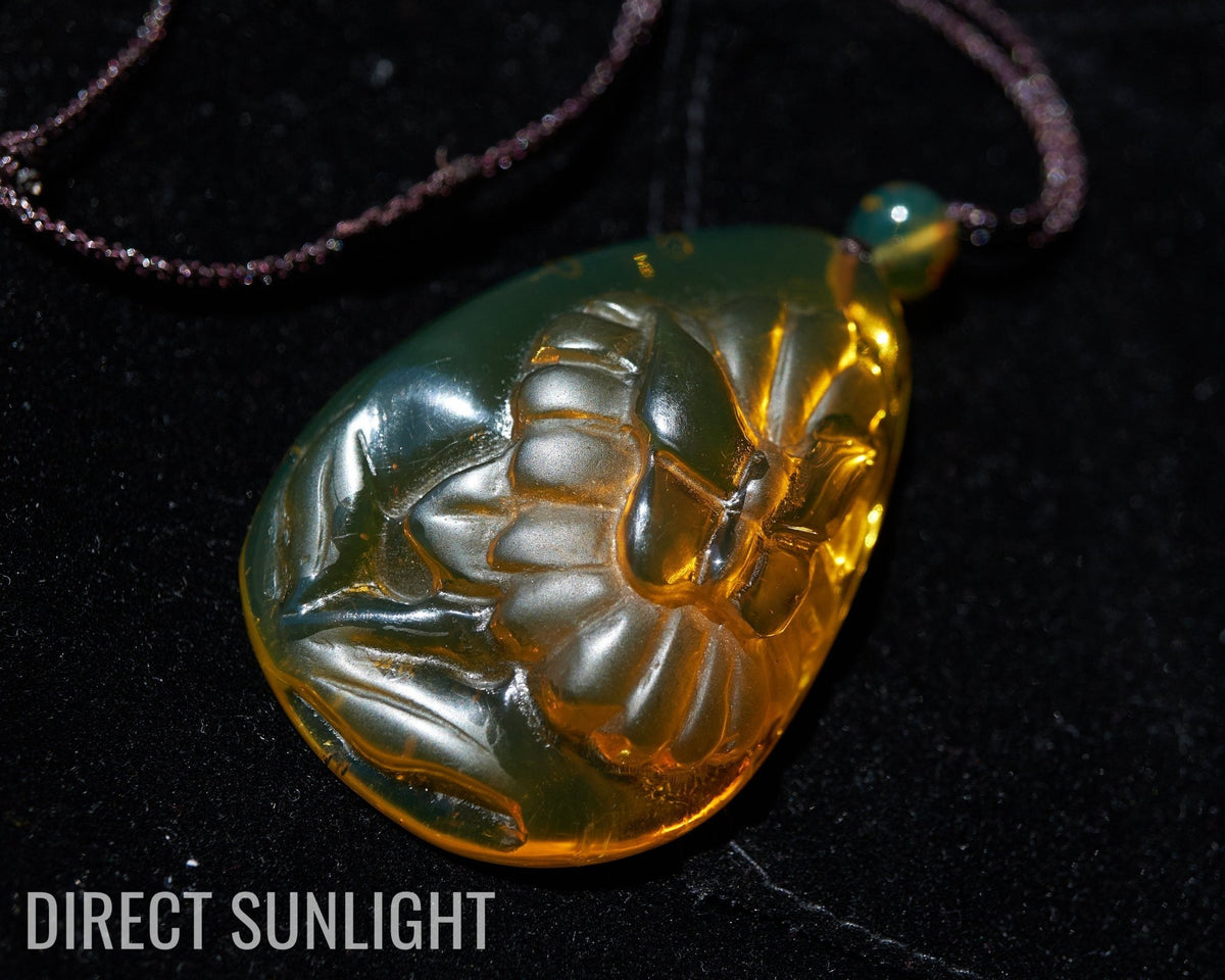 Dominican Amber Green Carving butterfly necklace - Larimar Creations