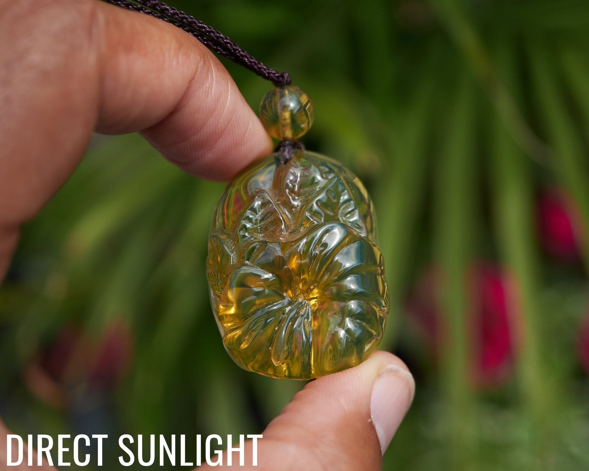 Dominican Amber Green Flower Pendant hand carved - Larimar Creations