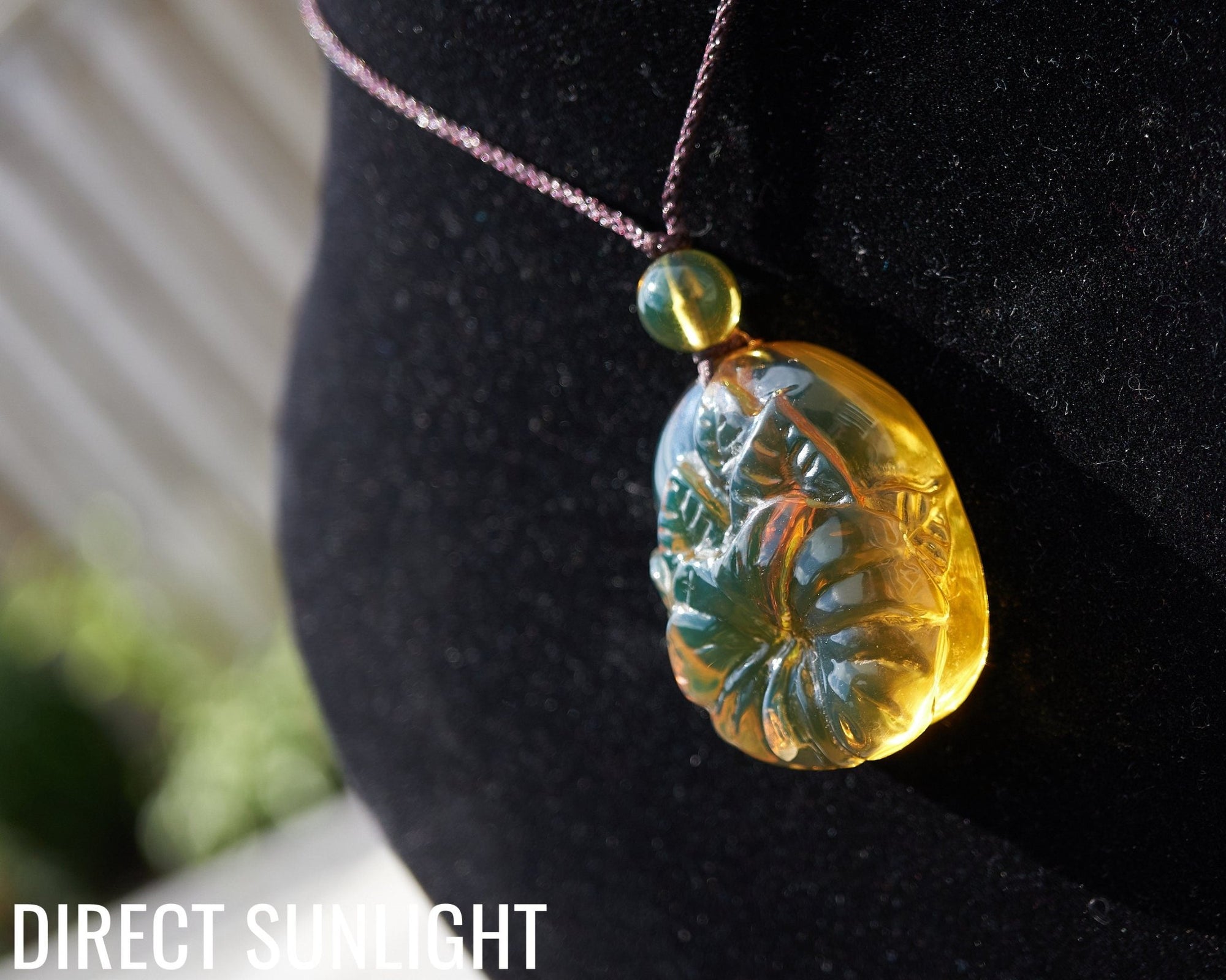 Dominican Amber Green Flower Pendant hand carved - Larimar Creations