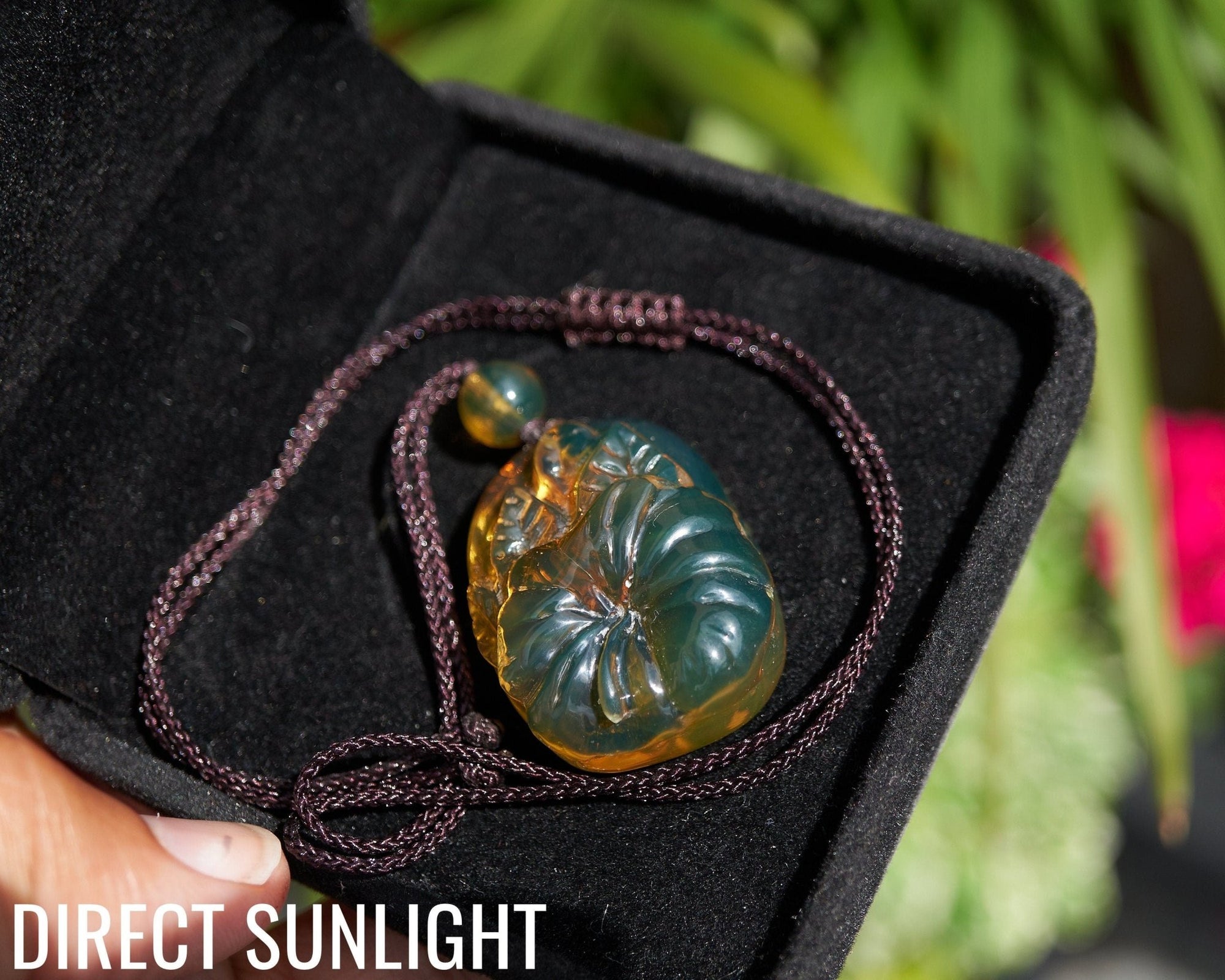 Dominican Amber Green Flower Pendant hand carved - Larimar Creations