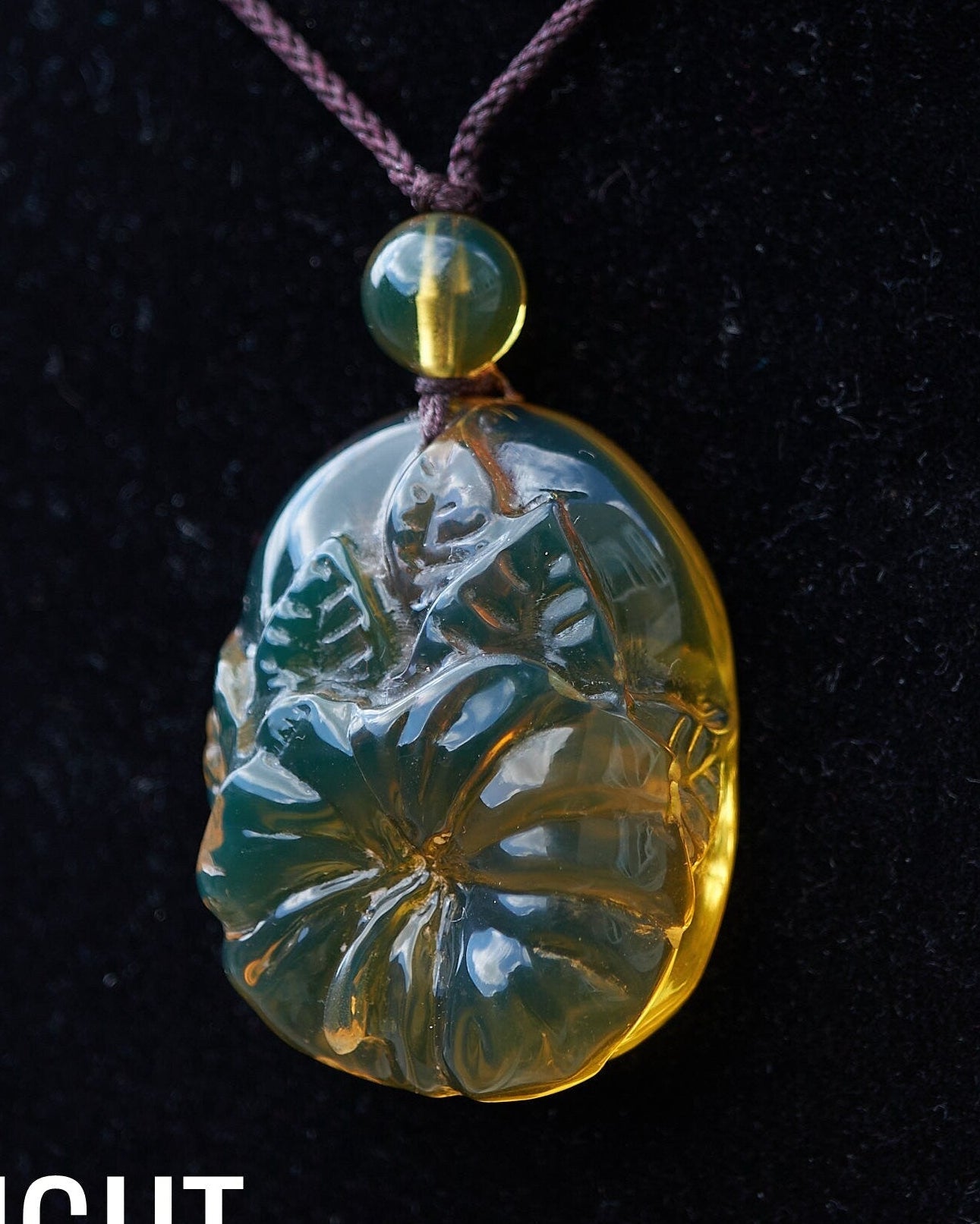 Dominican Amber Green Flower Pendant hand carved - Larimar Creations