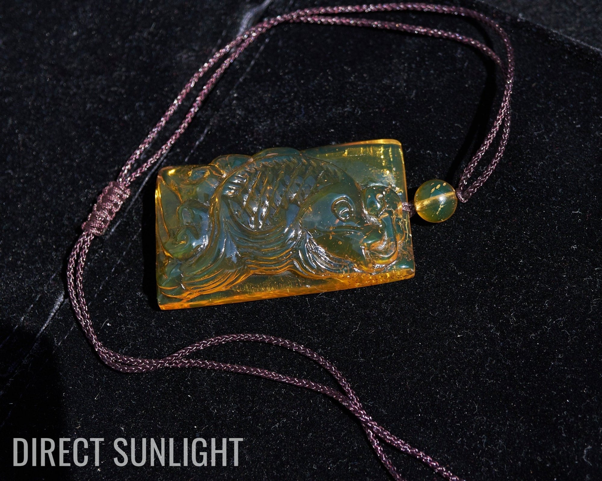 Dominican Amber Green Natural Amber Carving Koi fish Hand - Carved - Larimar Creations
