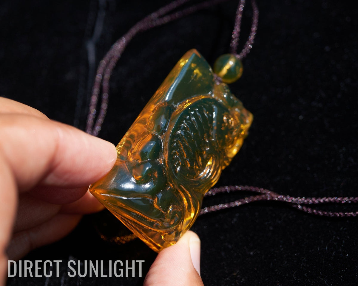 Dominican Amber Green Natural Amber Carving Koi fish Hand - Carved - Larimar Creations