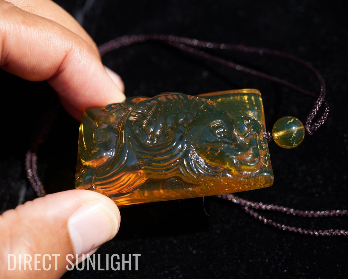 Dominican Amber Green Natural Amber Carving Koi fish Hand - Carved - Larimar Creations