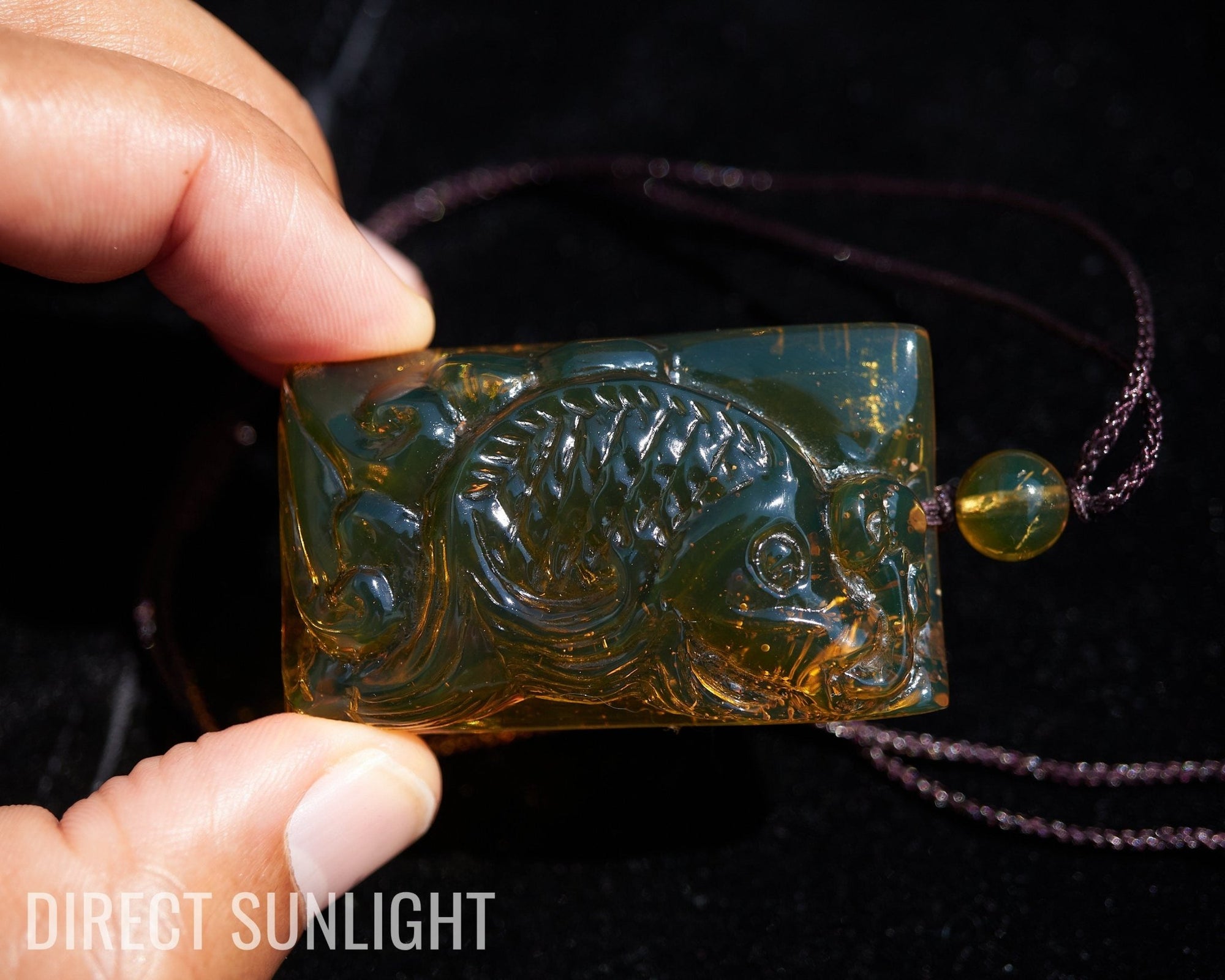 Dominican Amber Green Natural Amber Carving Koi fish Hand - Carved - Larimar Creations