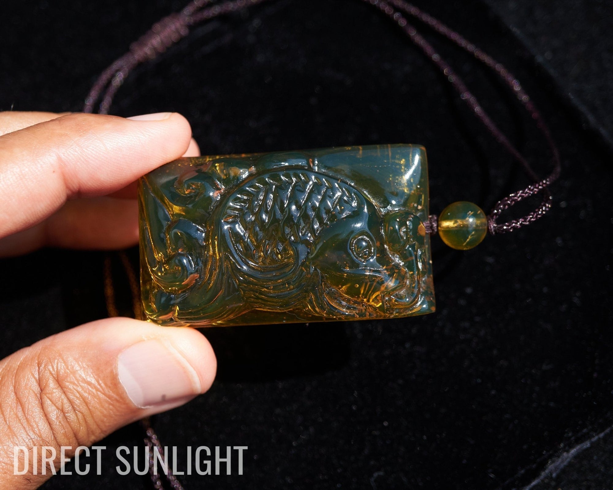 Dominican Amber Green Natural Amber Carving Koi fish Hand - Carved - Larimar Creations